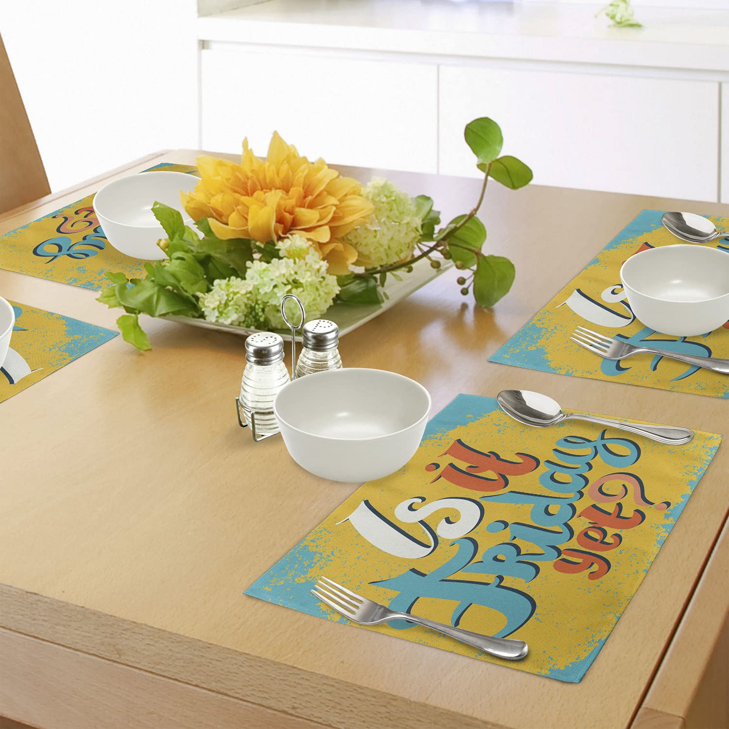 Ambesonne Funny 'Is It Friday Yet?' Place Mats Set of 4 - Washable Fabric Dining Table Mats for Kitchen & Dining Room Decor in Sky Blue, Earth Yellow & Orange - Perfect for Office Workers, Weekend Gatherings & Holiday Parties
