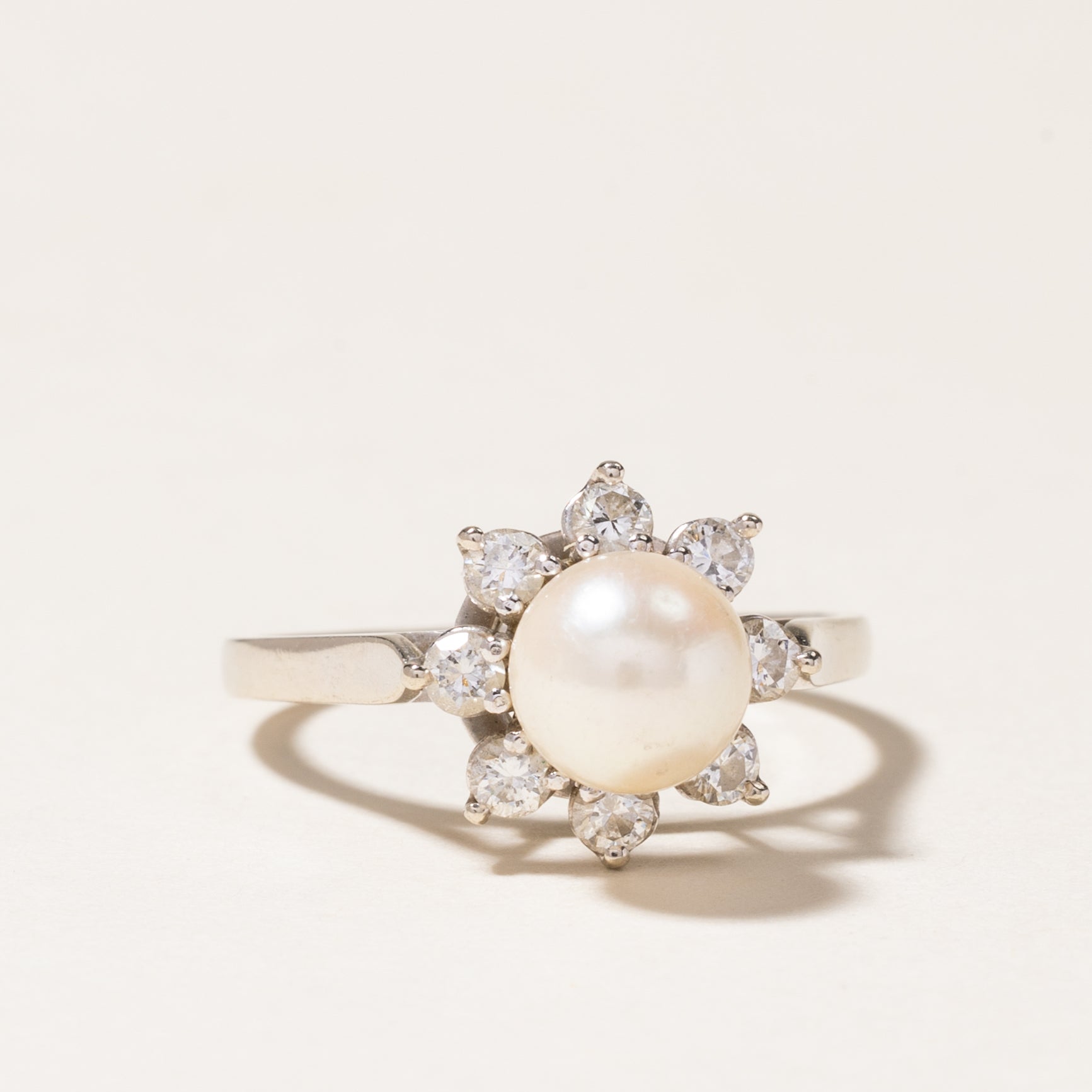Birks Pearl & Diamond Petal Halo Ring - 6.60mm, 0.24ctw, Size 6 | Elegant Bridal Jewelry & Anniversary Gift for Her