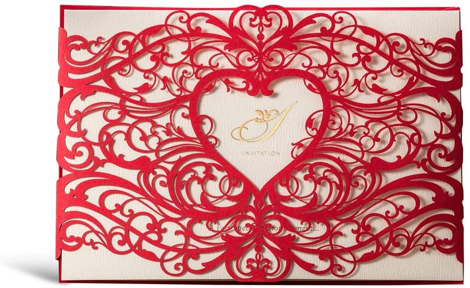 50PCS Personalized Red Heart Wedding Invitations with Envelopes - Elegant Floral Laser Cut Cardstock for Marriage, Engagement, Bridal Shower & Birthday Parties - Perfect for DIY Wedding Stationery and Special Event Invites