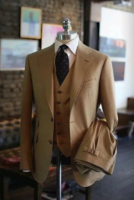Stylish Men's Khaki 3-Piece Business Suit Set - Perfect for Office, Interviews & Formal Events