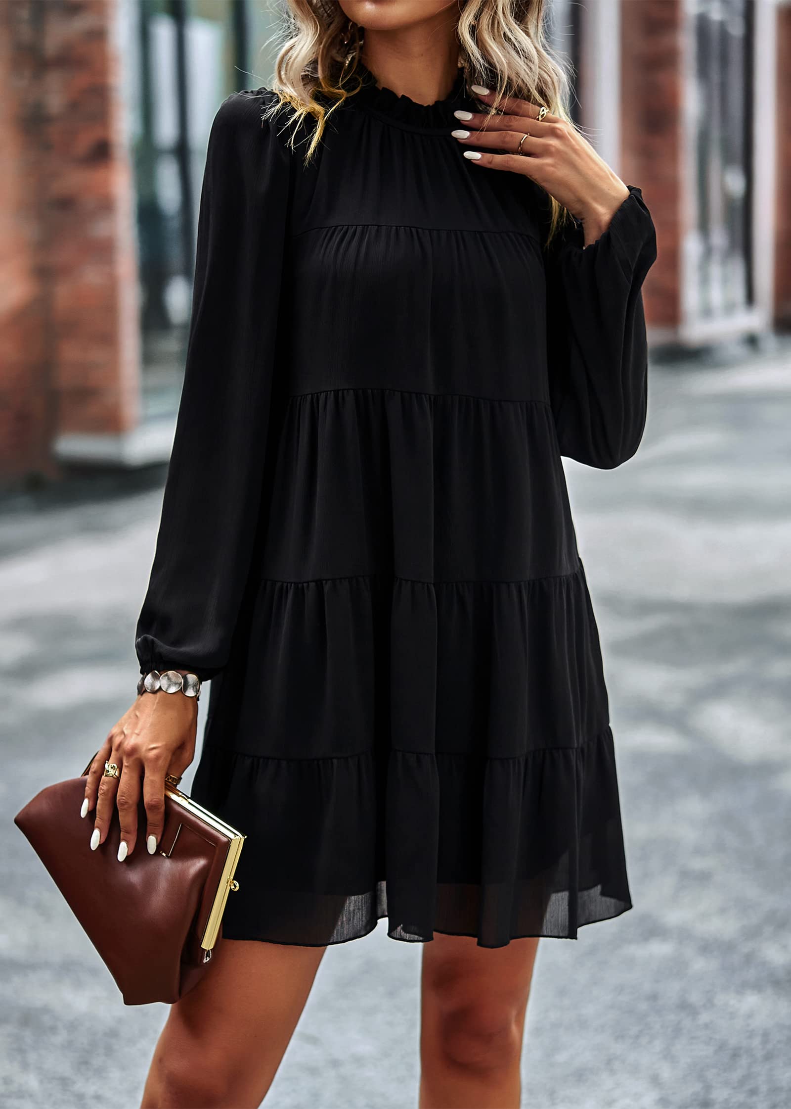 KIRUNDO Women's Spring Long Sleeve Ruffle Mock Neck Tiered Mini Babydoll Dress - Flowy Swing Tunic Shift Dress for Casual Wear, Date Night & Spring Outfits 2025