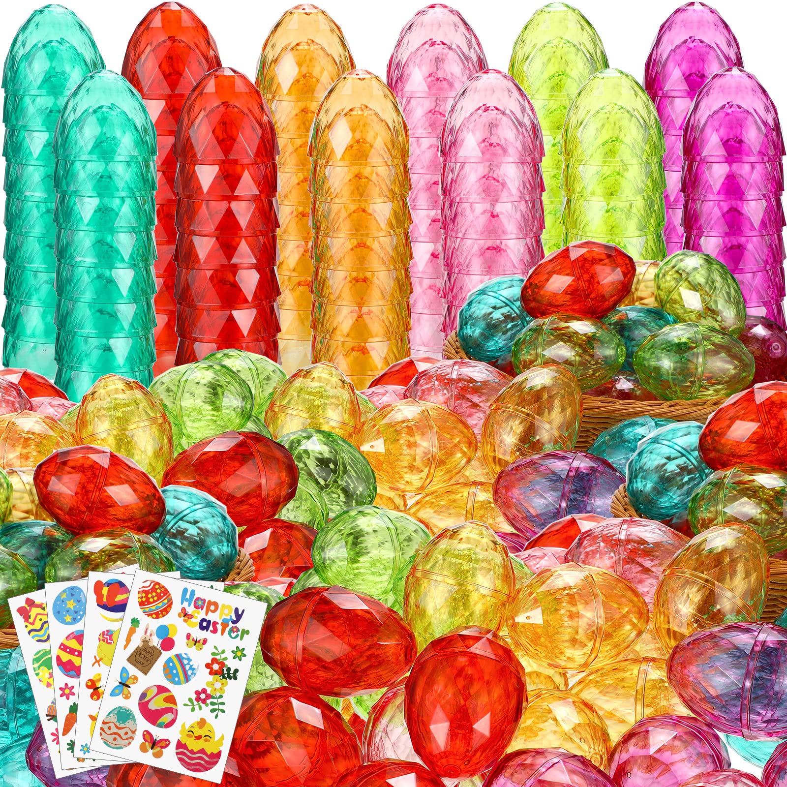 Fumete 3 Inch Large Diamond Easter Eggs with Stickers - Fillable Plastic Pastel Eggs in Translucent Colors (48 Pcs Bulk) - Perfect for Easter Treats, Basket Stuffers, Egg Hunts & Party Decorations