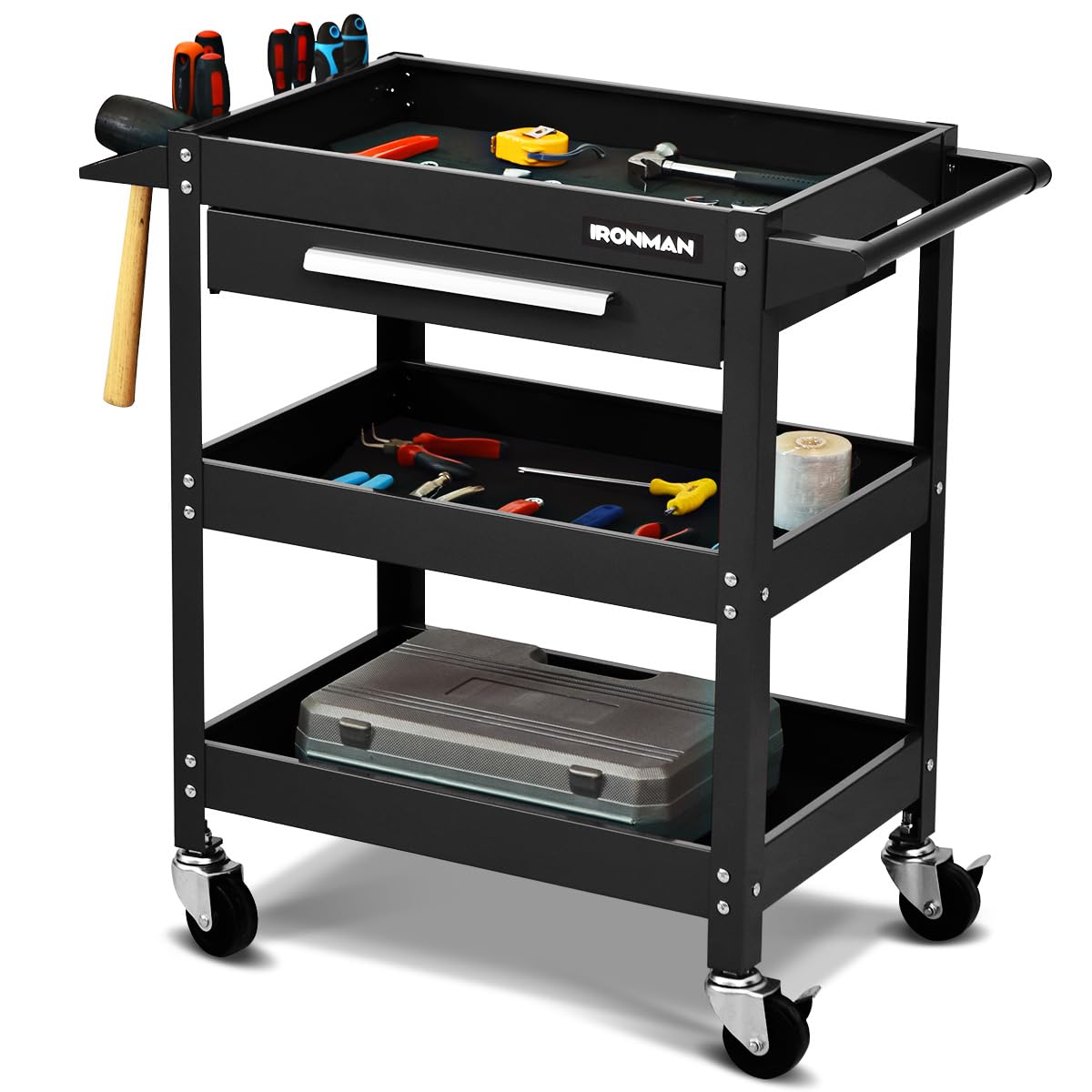 IronMax 3-Tier Heavy Duty Rolling Tool Chest with Drawers - Industrial Utility Service Cart, 330 lbs Capacity Tool Box Organizer for Garage, Workshop, Warehouse & Auto Repair Shop - Perfect for Mechanics, DIY Enthusiasts & Professional Technicians