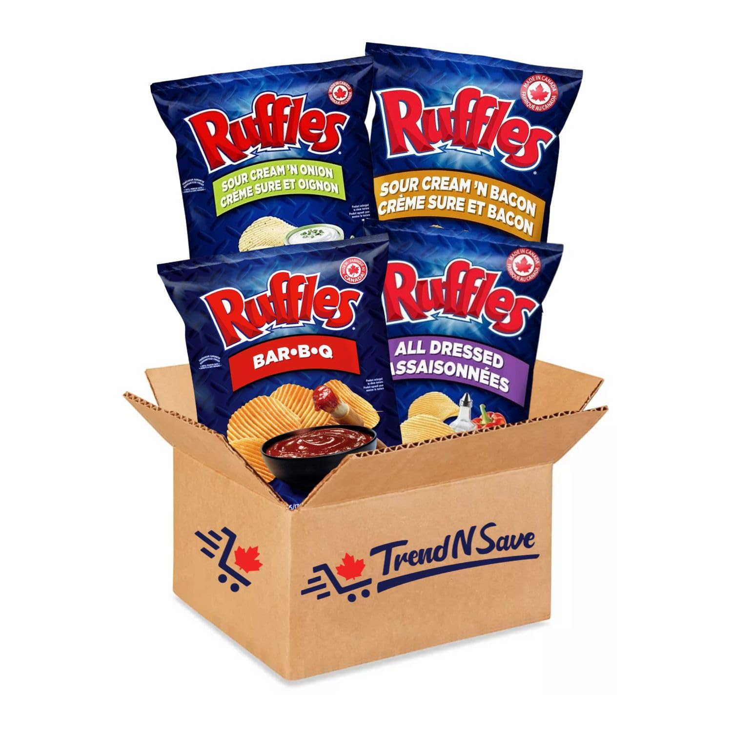 Ruffles Potato Chips Variety Pack - Sour Cream & Onion, Sour Cream & Bacon, BBQ, All Dressed - 200g/7oz (4-Pack) | Canadian Snacks Shipped from Canada | Perfect for Parties, Movie Nights & Road Trips