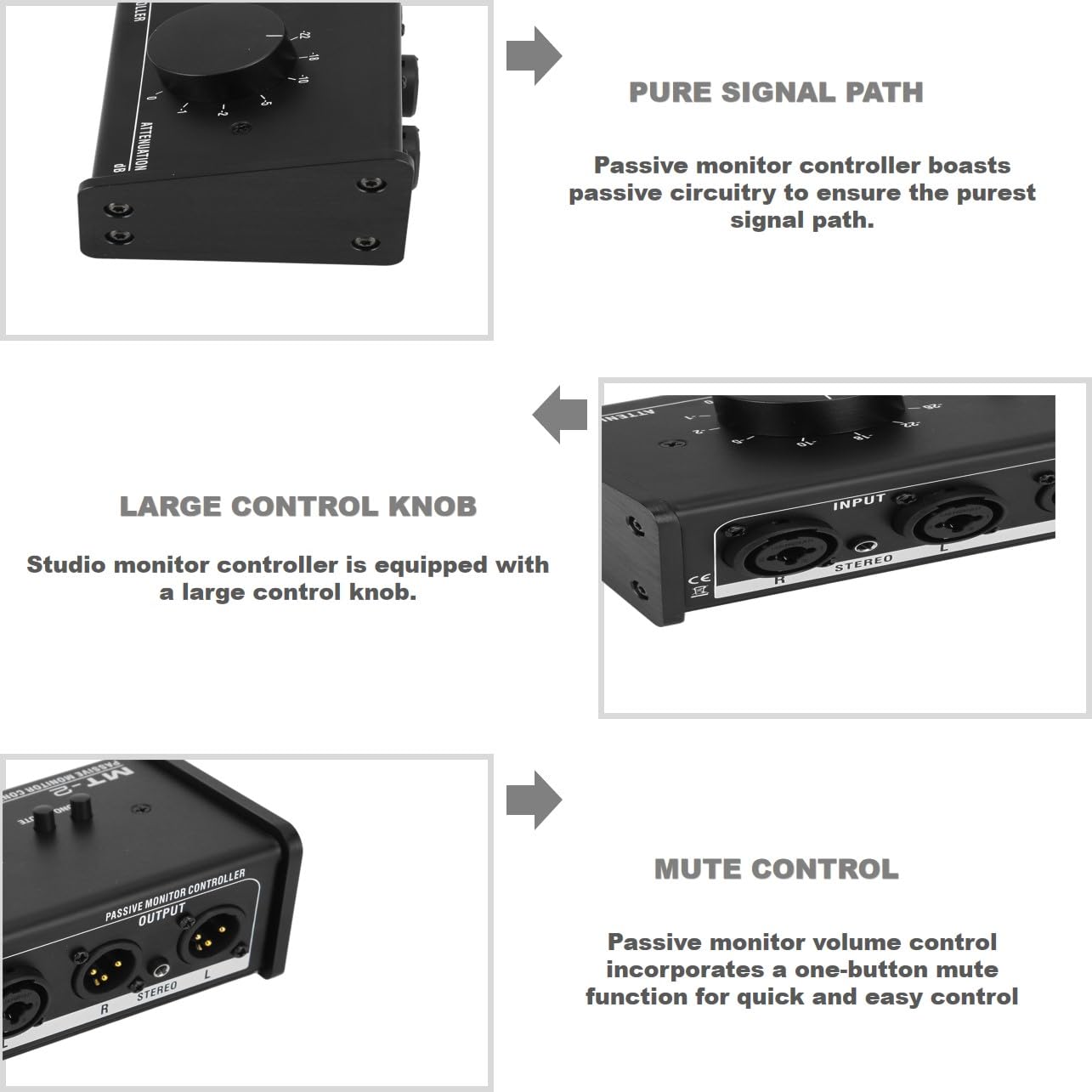 Passive Monitor Controller with Mute Control - Large Knob Passive Stereo Volume Controller for Studio Monitors | Pure Signal Audio Control for Home & Professional Recording Studios
