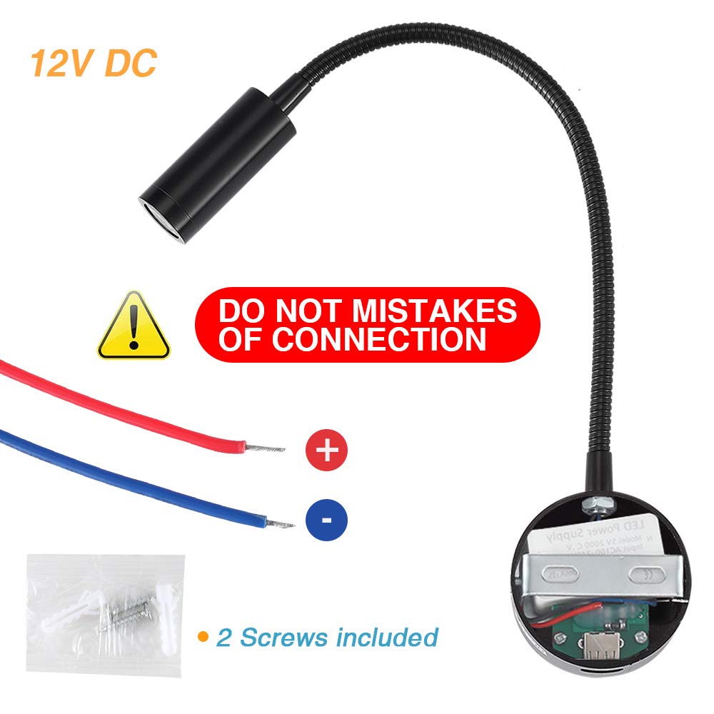 Dimmable RV Reading Light with USB Charging Port - 12V DC LED Interior Light for Campers, Vans, Boats & Motorhomes - Flexible Gooseneck Design - 2 Pack Black - Perfect for Night Reading & Charging Devices On The Road