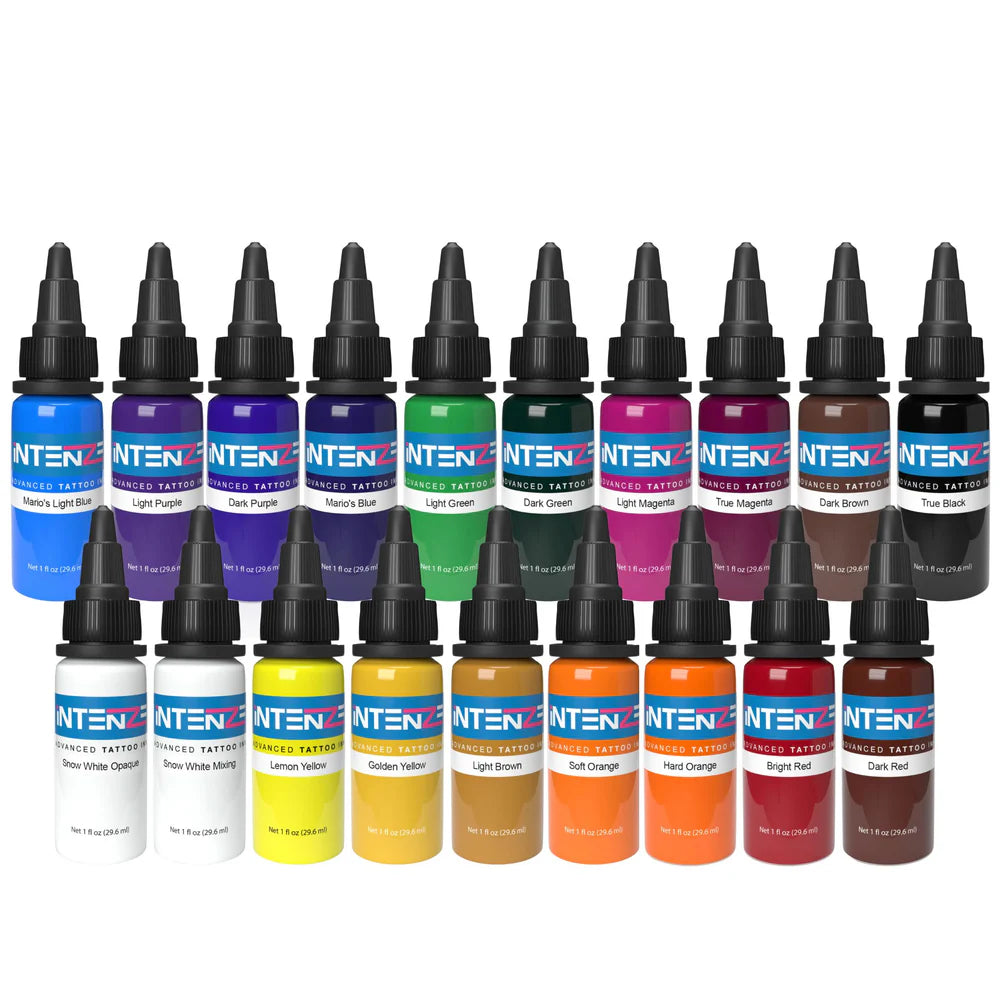 Intenze Professional Tattoo Ink Set - 19 Bottles (1/2oz Each) - Vibrant Colors for Tattoo Artists & Body Art - Perfect for Tattoo Studios, Home Artists & Permanent Makeup