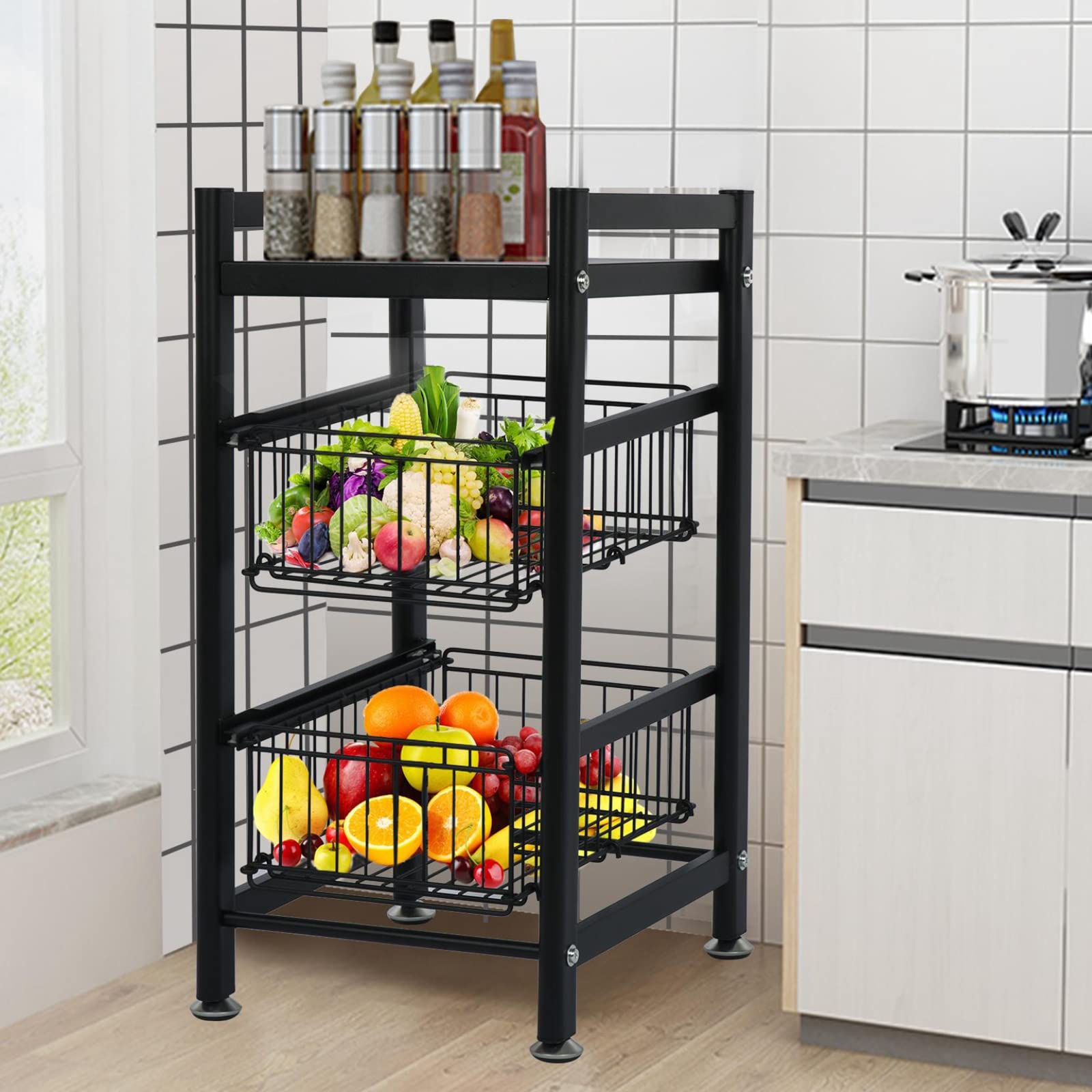 3-Tier Kitchen Baker’s Rack with Pull-Out Steel Wire Basket - Heavy Duty Carbon Steel Microwave Stand for Kitchen, Bathroom & Living Room - Space-Saving Storage Organizer for Small Appliances, Spices & Cookware (Black) | Perfect for Apartments, Dorms & Compact Homes