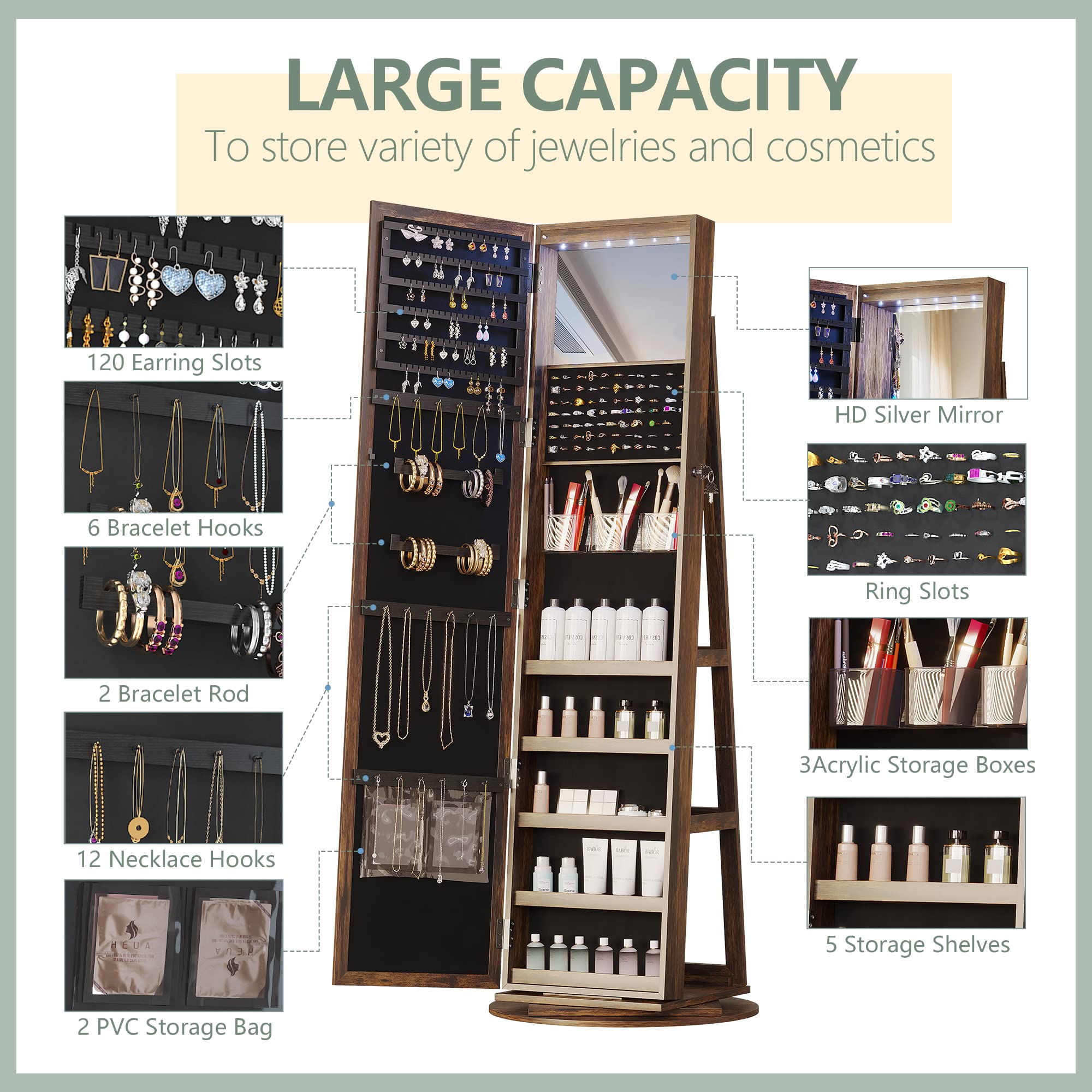 Full Length Mirror Jewelry Armoire with LED Lights - Lockable Standing Jewelry Cabinet with 360° Swivel Mirror & Storage Organizer for Women & Girls | Perfect for Bedroom, Dressing Room & Gift Giving