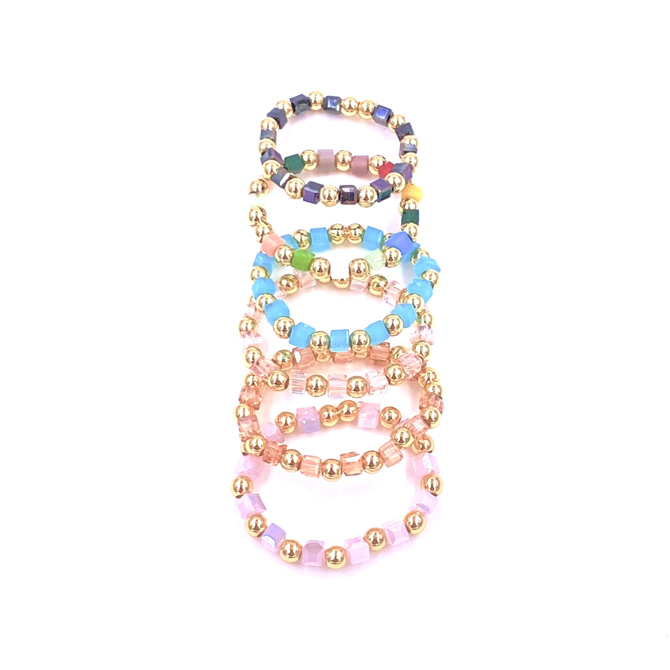 Ashley Gold Stainless Steel Crystal Beaded Stretch Ring - Gold Plated Alternating Design Jewelry for Women, Perfect for Parties, Weddings & Everyday Wear