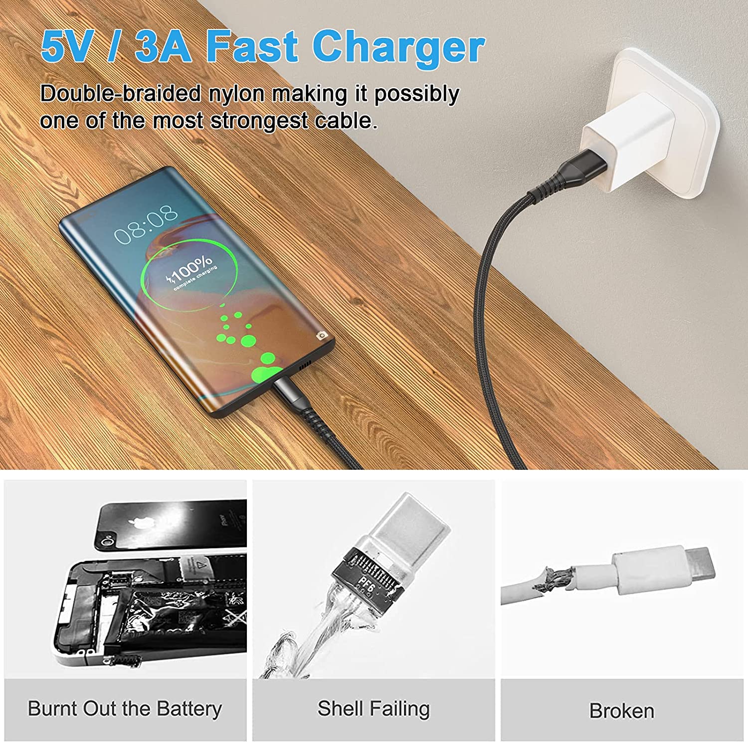10ft USB C Cable 3-Pack - 3A Fast Charging Type C Cable with Premium Nylon Braid - Compatible with Samsung Galaxy, iPhone 15, iPad Pro & More - Perfect for Home, Office & Travel Charging