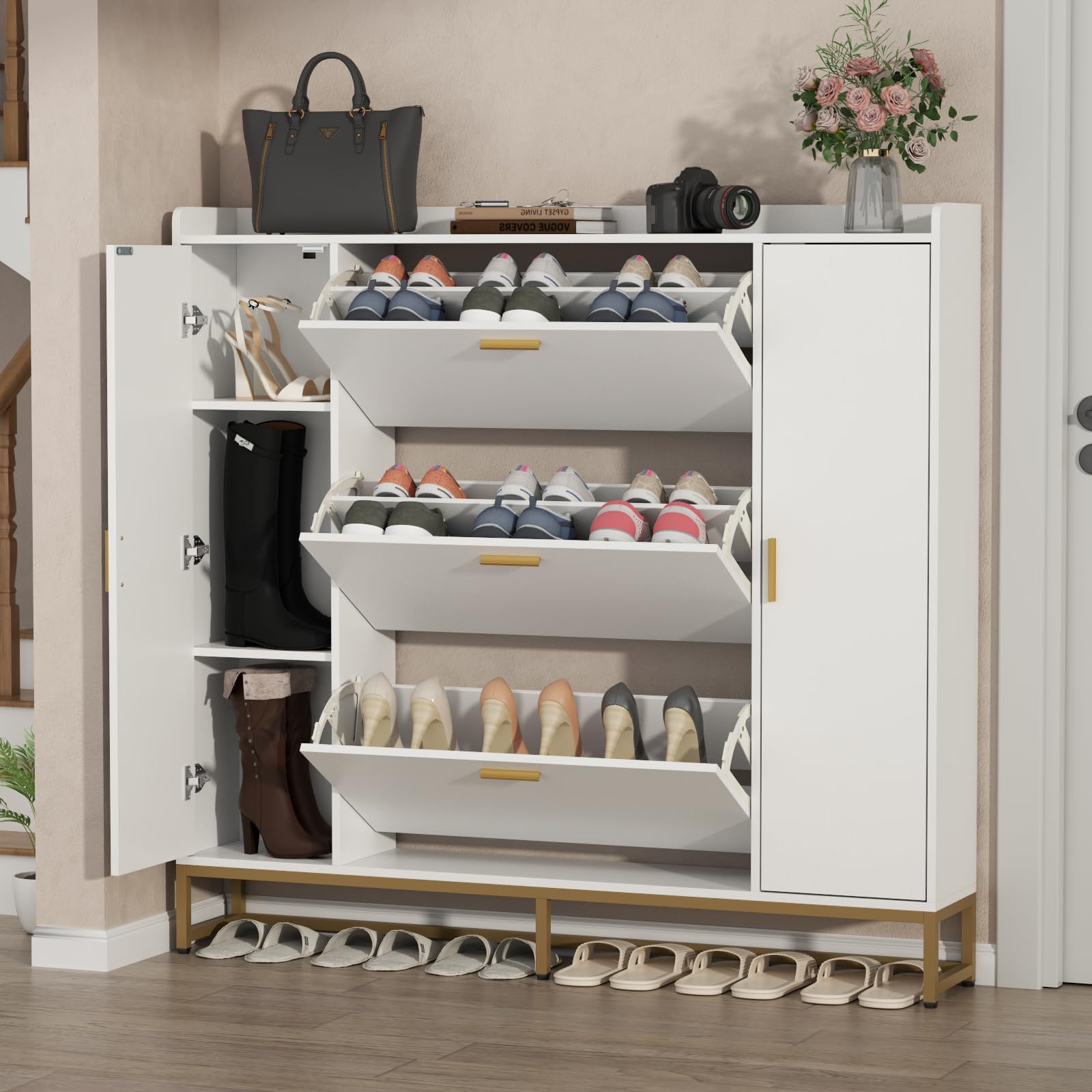 Modern White Shoe Cabinet with 3 Flip Drawers & 2 Storage Compartments - Freestanding Entryway Organizer with Metal Legs for Hallway, Living Room, Bedroom - Slim Shoe Storage Rack for Sneakers, Boots & Home Organization