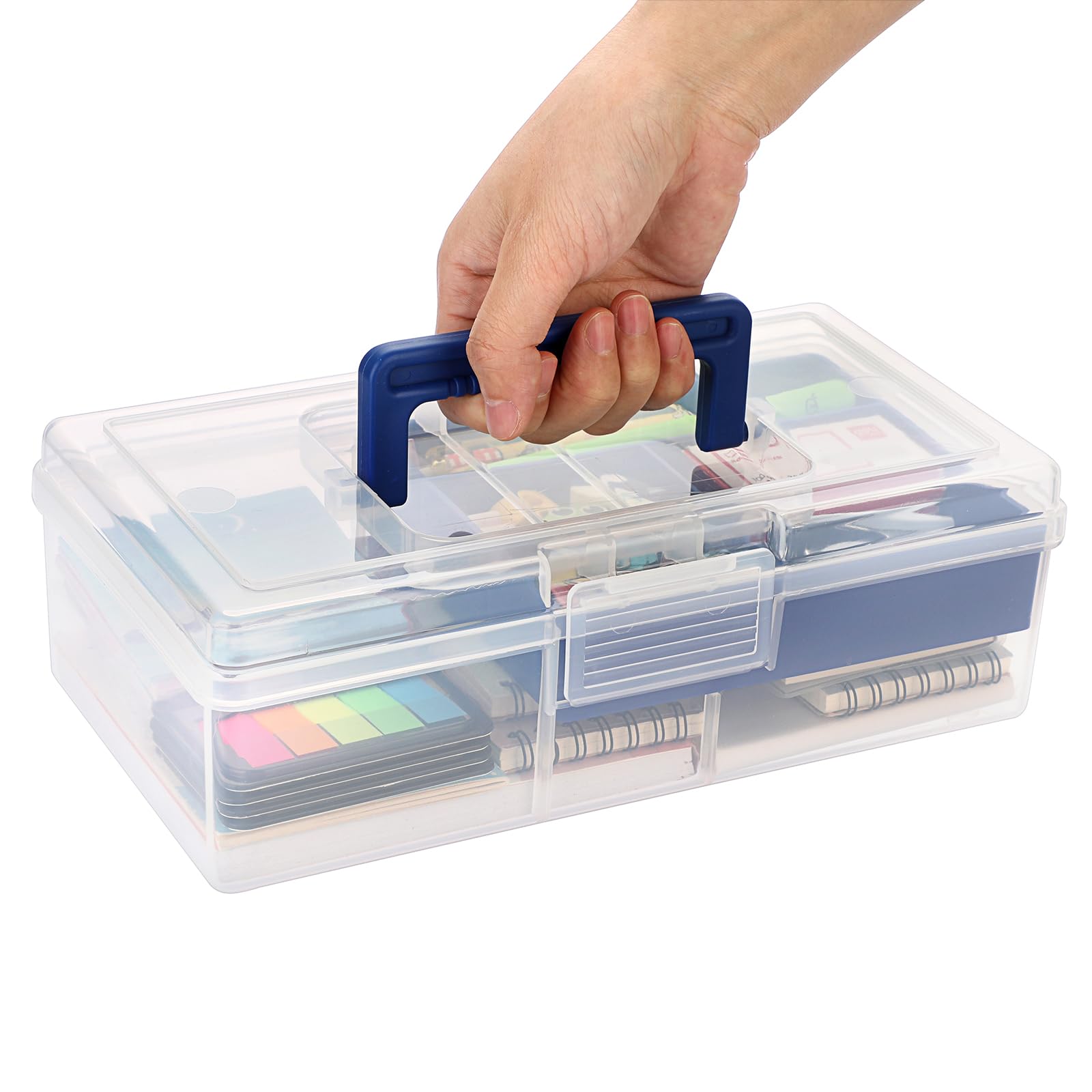 BTSKY Clear Plastic Storage Box with Removable Tray - Multipurpose Organizer for Stationery, Sewing Supplies, Art & Craft Materials - Portable Home Utility Box with Handle (Blue) - Perfect for Office, Craft Room & Home Organization