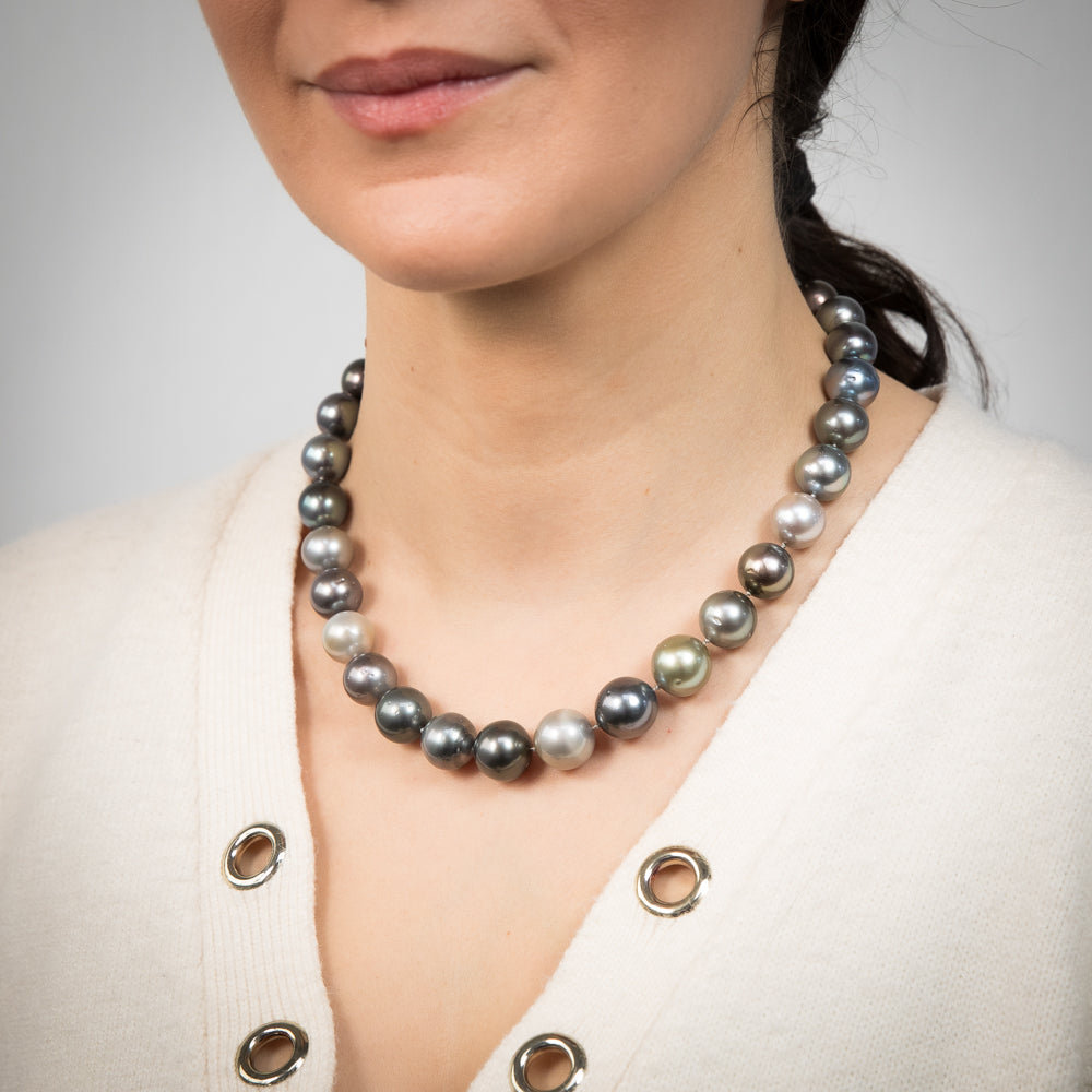 12-14.2mm Multicolor Tahitian Pearl Necklace with 14K White Gold Stardust Ball Clasp - Perfect for Weddings, Anniversaries & Special Occasions