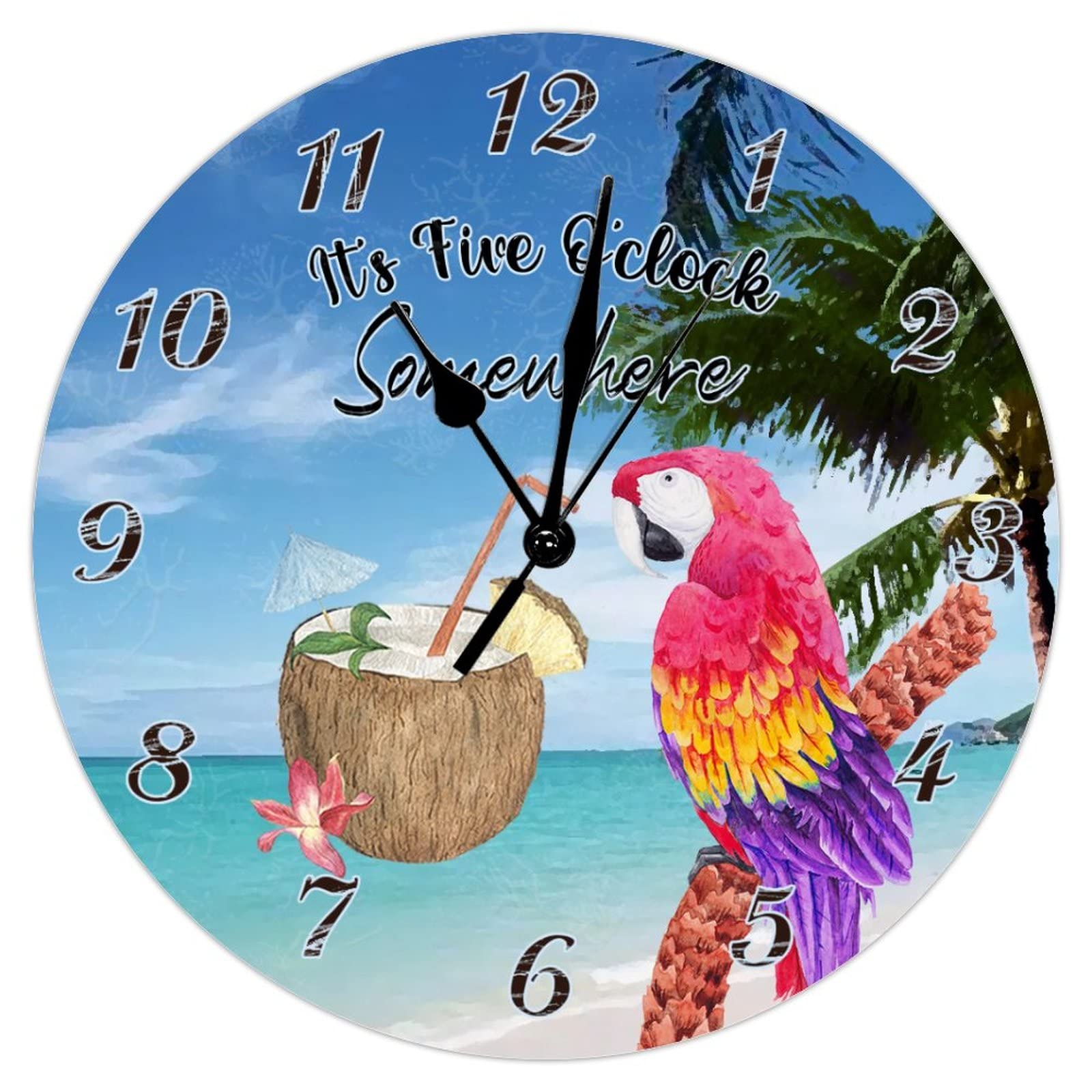 10 Inch Tropical Coconut Parrot Toucan Floral Wall Clock - Silent Battery Operated Wooden Wall Clock with Hawaii Flower Bird Design - Perfect for Beach House Decor, Living Room, Bedroom & Summer Themed Spaces