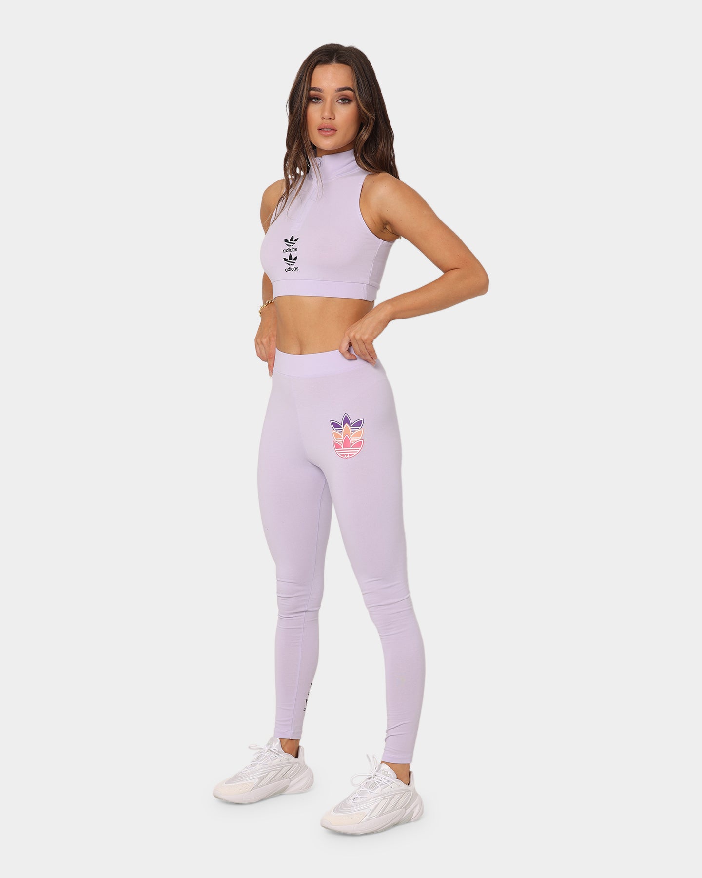 Adidas Women's Logo Play Leggings - Purple Printed Workout Leggings for Running, Yoga & Gym - High Waisted Athletic Tights for Women