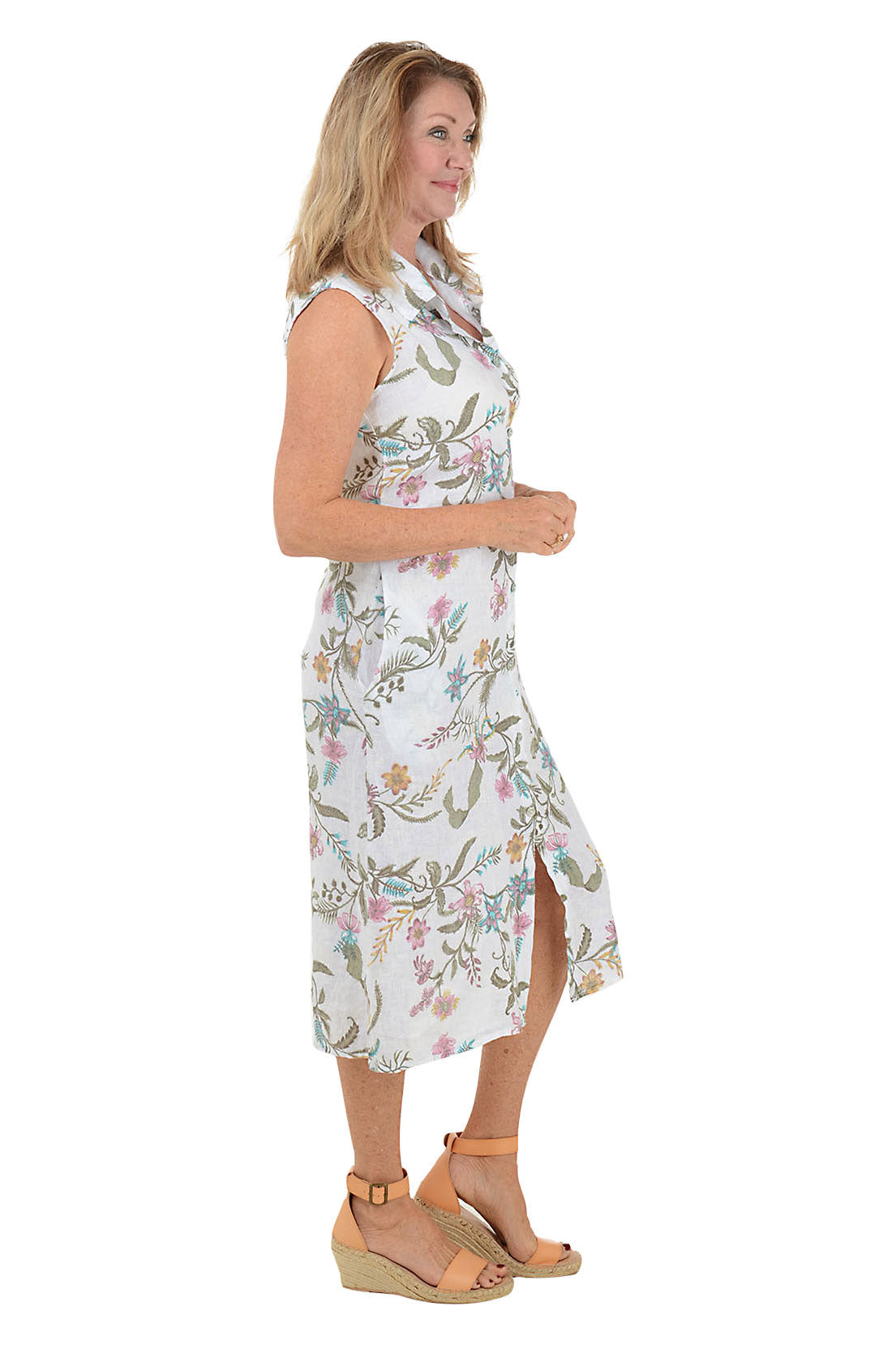 Floral Linen Button Front Sleeveless Dress for Women - Summer Beach Vacation & Garden Party Outfit
