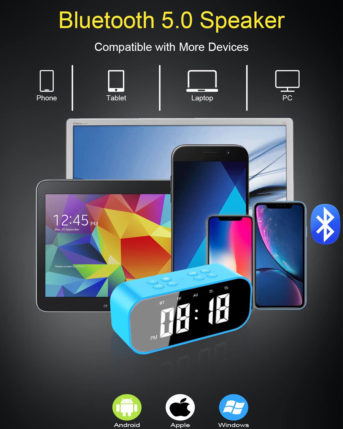 AFK Digital Alarm Clock with Bluetooth Speaker - Dual Alarms, Snooze & Dimmable LED Display | Bedside Desk Clock for Home, Office & Travel | Perfect for Nightstands, Dorms & Gift Giving