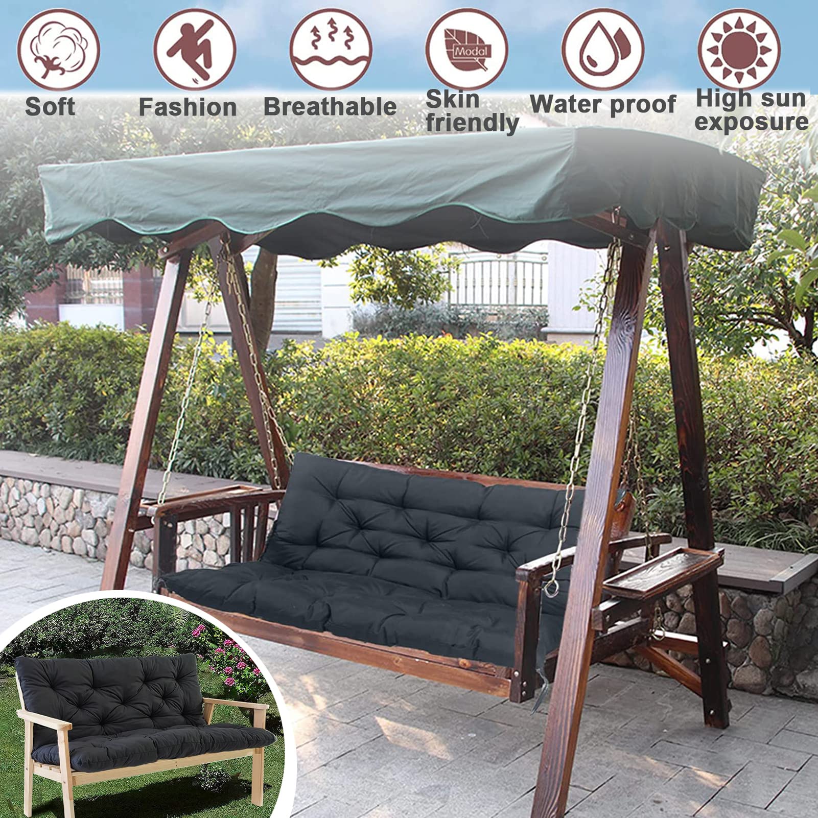 **60 Inch Waterproof Outdoor Bench Cushion with Backrest – Thickened Patio Swing Cushion for 3-Seater Porch Furniture (Black, 40x60 Inch) – Perfect for Garden, Deck, and Backyard Relaxation**