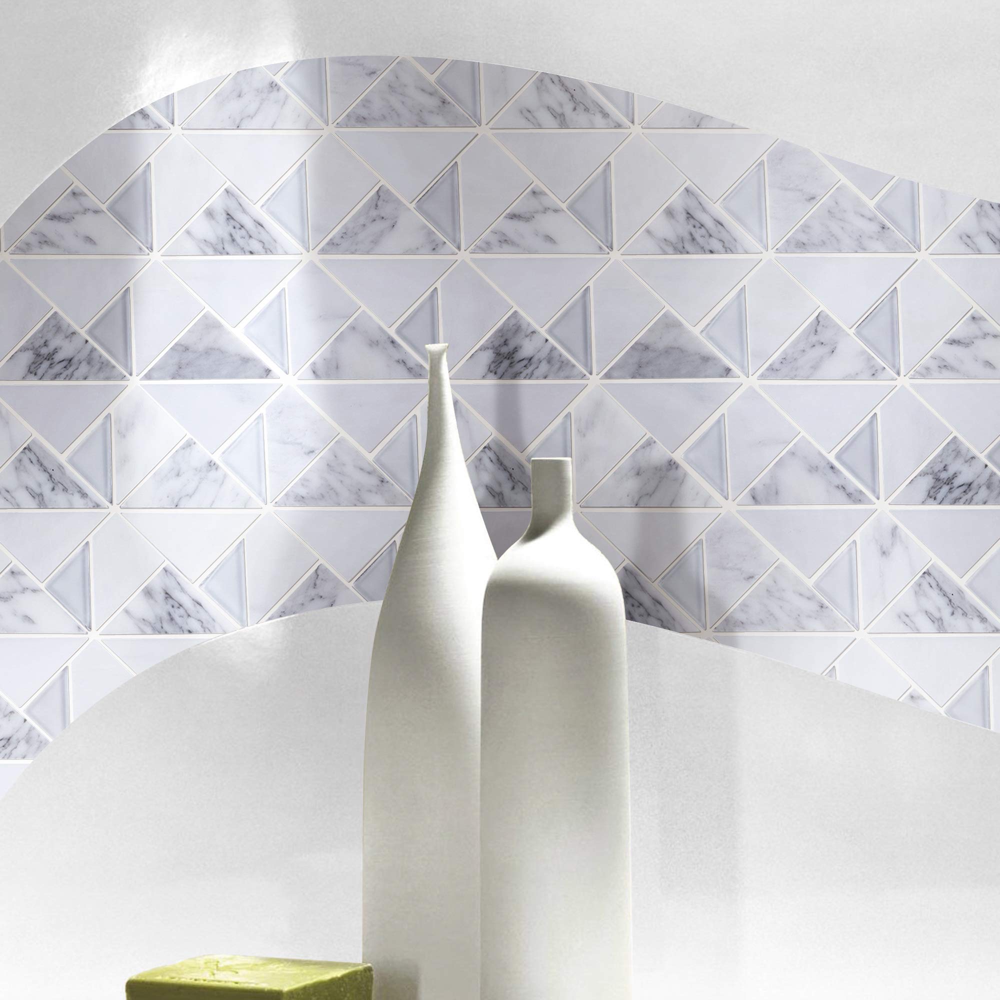 TMOPG-01 White Carrara Marble Mosaic Tile - 10 Sheets Triangle Square Pattern - Waterproof Peel & Stick Backsplash for Kitchen, Bathroom, Shower Wall - Natural Stone Wall Tile for Home Decor