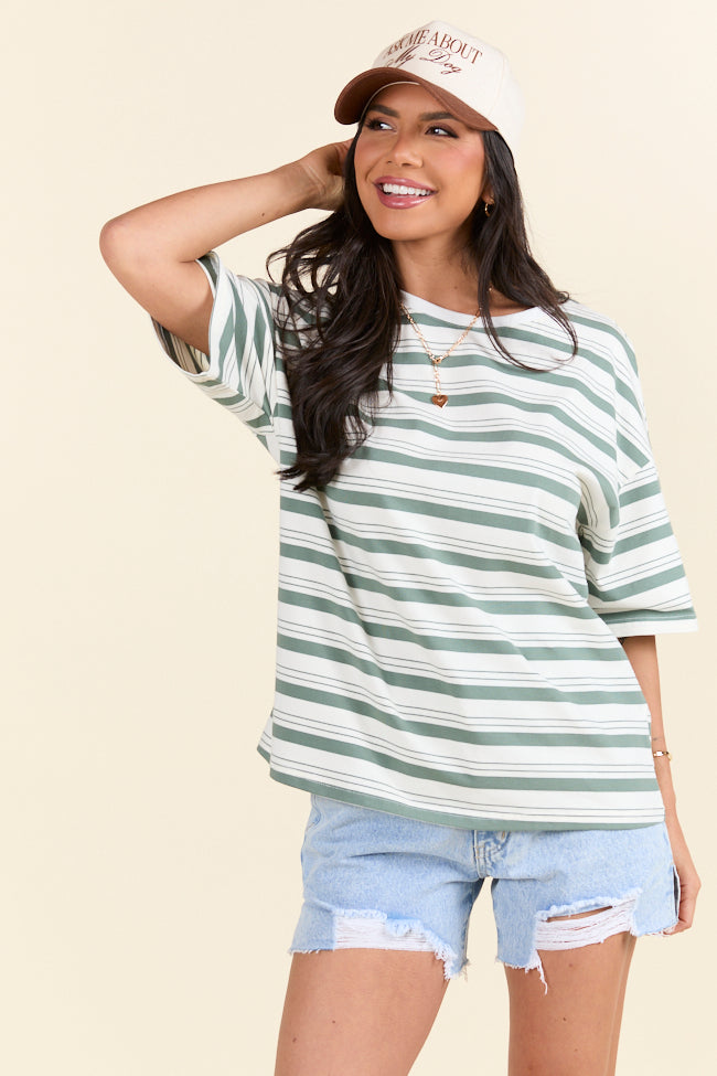 Holley Gabrielle X Pink Lily Mackenzie Olive Oversized Striped T-Shirt - Women's Casual Fashion Top for Everyday Wear & Street Style