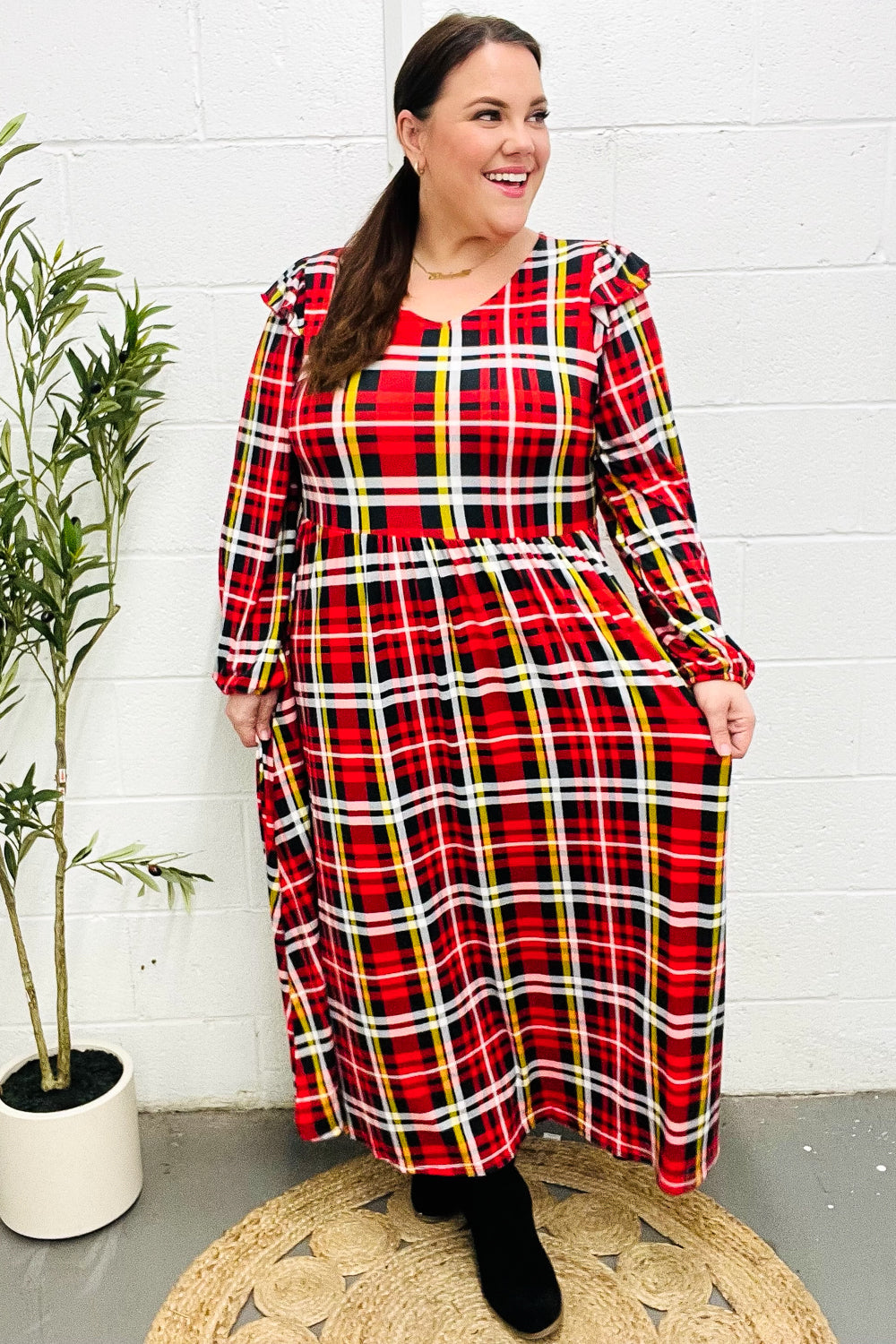 Stylish Red Plaid Fit & Flare Midi Dress with Ruffle Details - Perfect for Holiday Parties, Date Nights & Office Wear