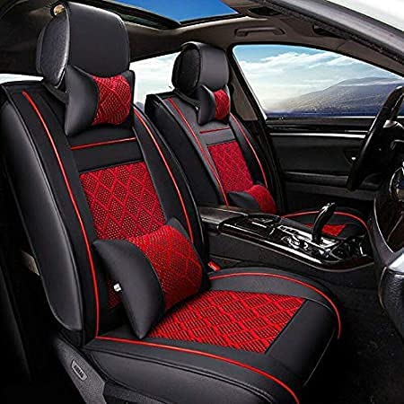 TYFYB 5-Seat Car Seat Cover Set - Cooling Mesh & PU Leather Front & Rear Seat Protectors with Pillows (Black/Red) - All Season Universal Fit for Cars, SUVs, Trucks - Perfect for Road Trips, Daily Commute & Pet Protection