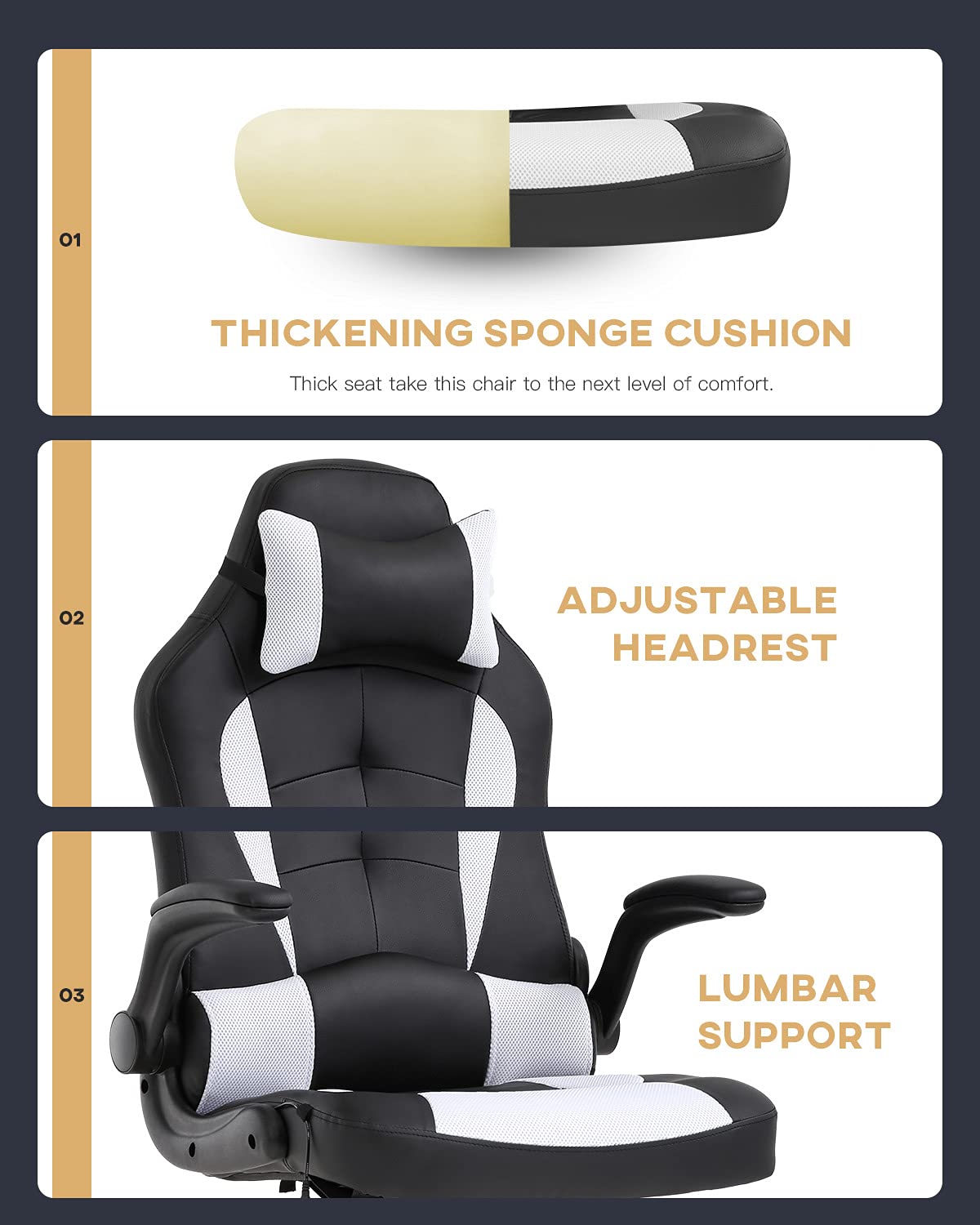 Ergonomic PC Gaming Chair with Adjustable Armrests, Headrest & Lumbar Support - High Back PU Leather Office Desk Chair for Home & Work - Perfect for Gamers, Remote Workers & Long Computer Sessions (White)