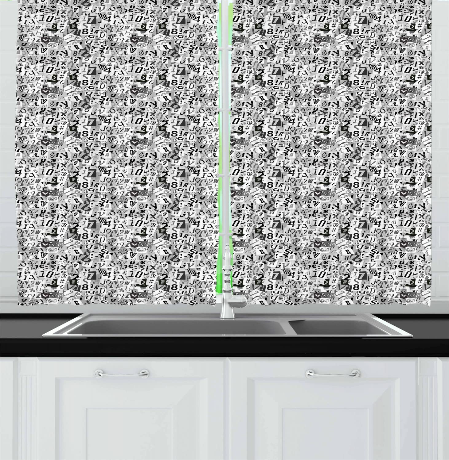 Ambesonne Alphabet & Numbers Kitchen Curtains - Grey Black White Long Drapes with Rod Pocket, 55
