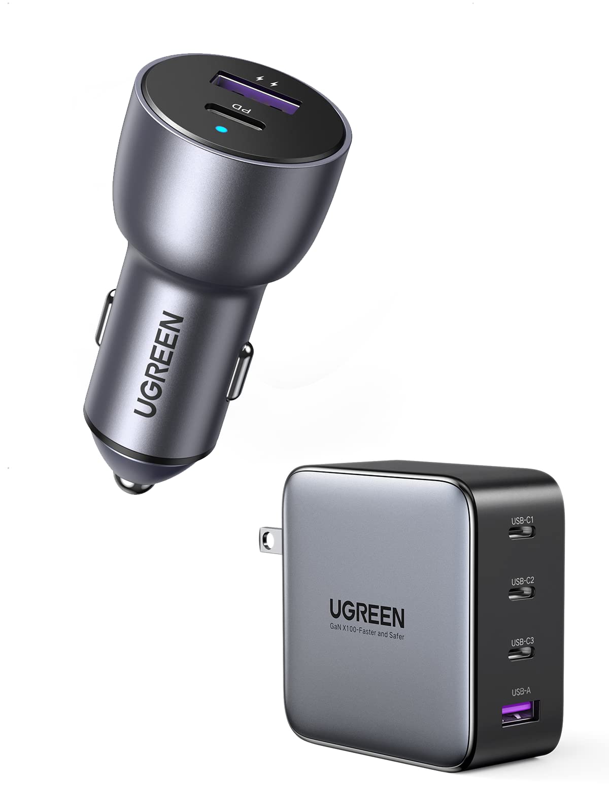 UGREEN 42.5W USB C Car Charger & 100W Nexode 4-Port Wall Charger Bundle - Fast Charging for iPhone 15/14, Samsung Galaxy, iPad, MacBook - Perfect for Travel, Home & Office Use
