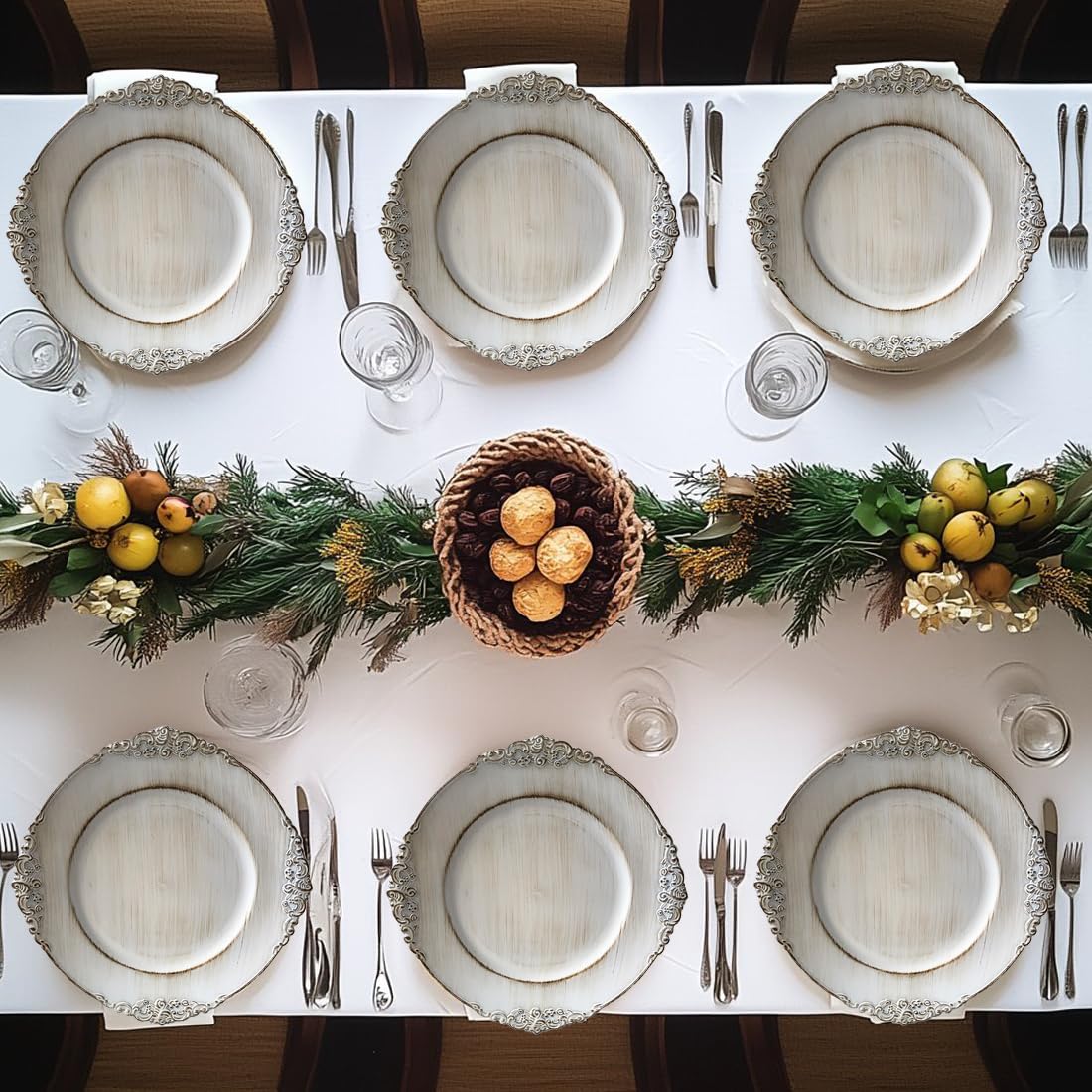 Antique White 13 Inch Embossed Plastic Charger Plates - Set of 6 Elegant Dinner Plate Chargers for Weddings, Parties & Table Decor | Perfect for Formal Dining, Holiday Entertaining & Special Occasions