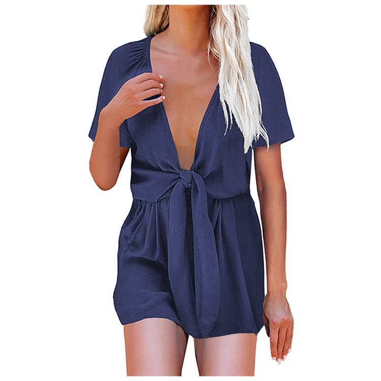 Women's Solid Color V-Neck Bow Tie Short Sleeve Jumpsuit with Elastic Waist - Casual Summer Outfit for Beach, Party & Office Wear