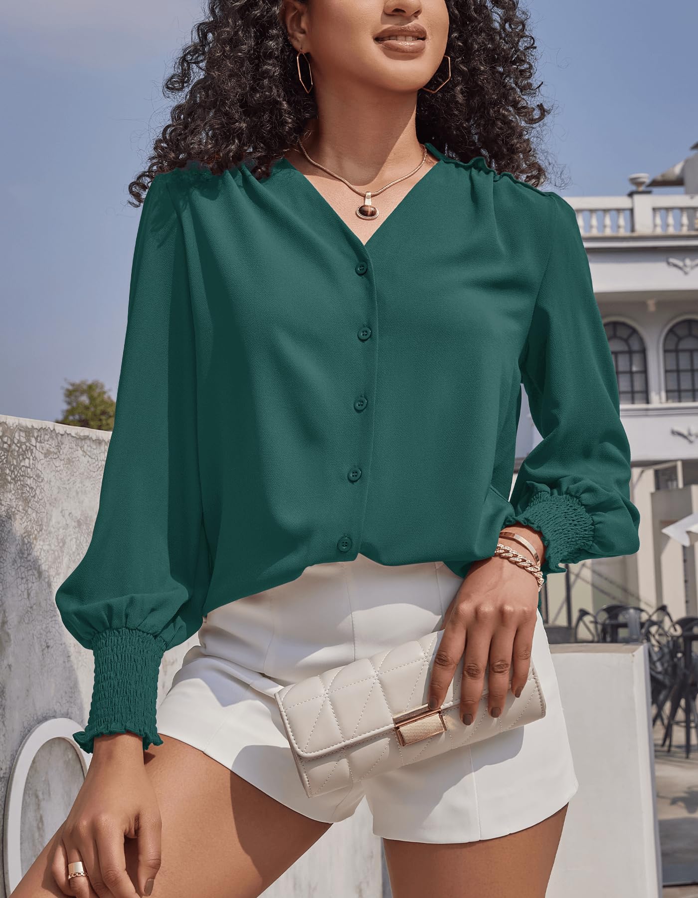Aifer Women's V-Neck Lantern Sleeve Blouse - Elegant Long Sleeve Button Down Shirt for Casual & Office Wear | 2025 Fashion Tops for Work, Date Night & Special Occasions