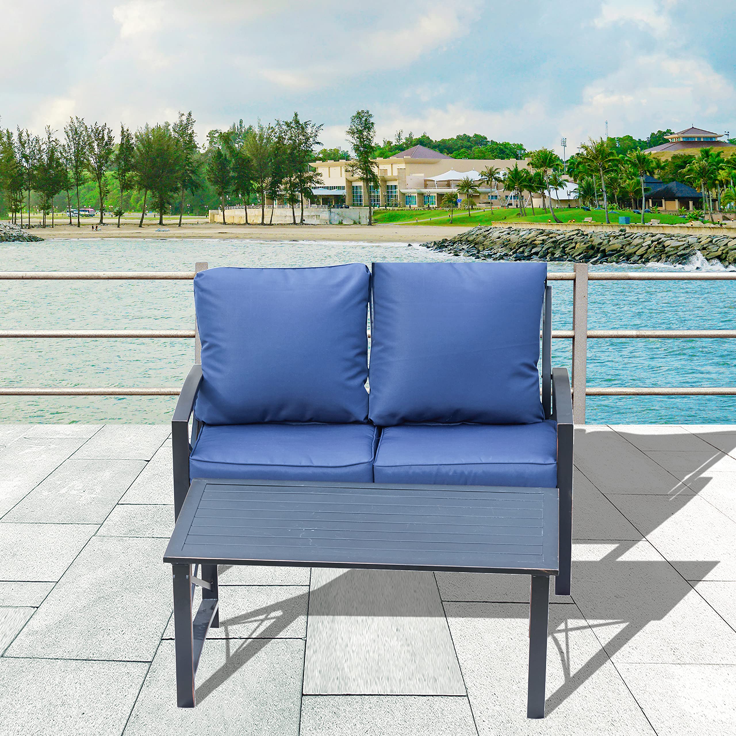 LOKATSE HOME 2-Piece Outdoor Loveseat Set with Cushions & Coffee Table - Durable Metal Patio Conversation Furniture in Blue - Perfect for Garden, Backyard, Poolside or Balcony Relaxation