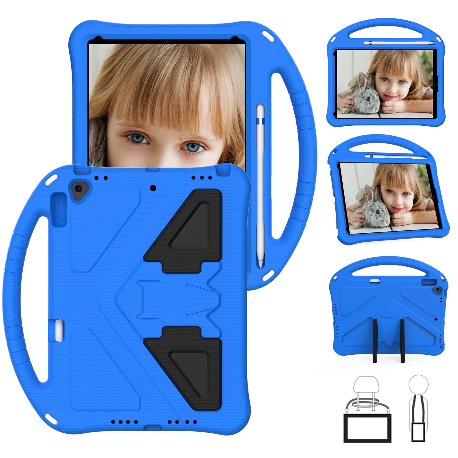 Shockproof Kids iPad Case for iPad 10.2 9th/8th/7th Gen - Durable EVA Handle Stand with Pencil Holder, Protective Full Cover for Boys & Girls (Blue) | Perfect for School, Travel & Playtime