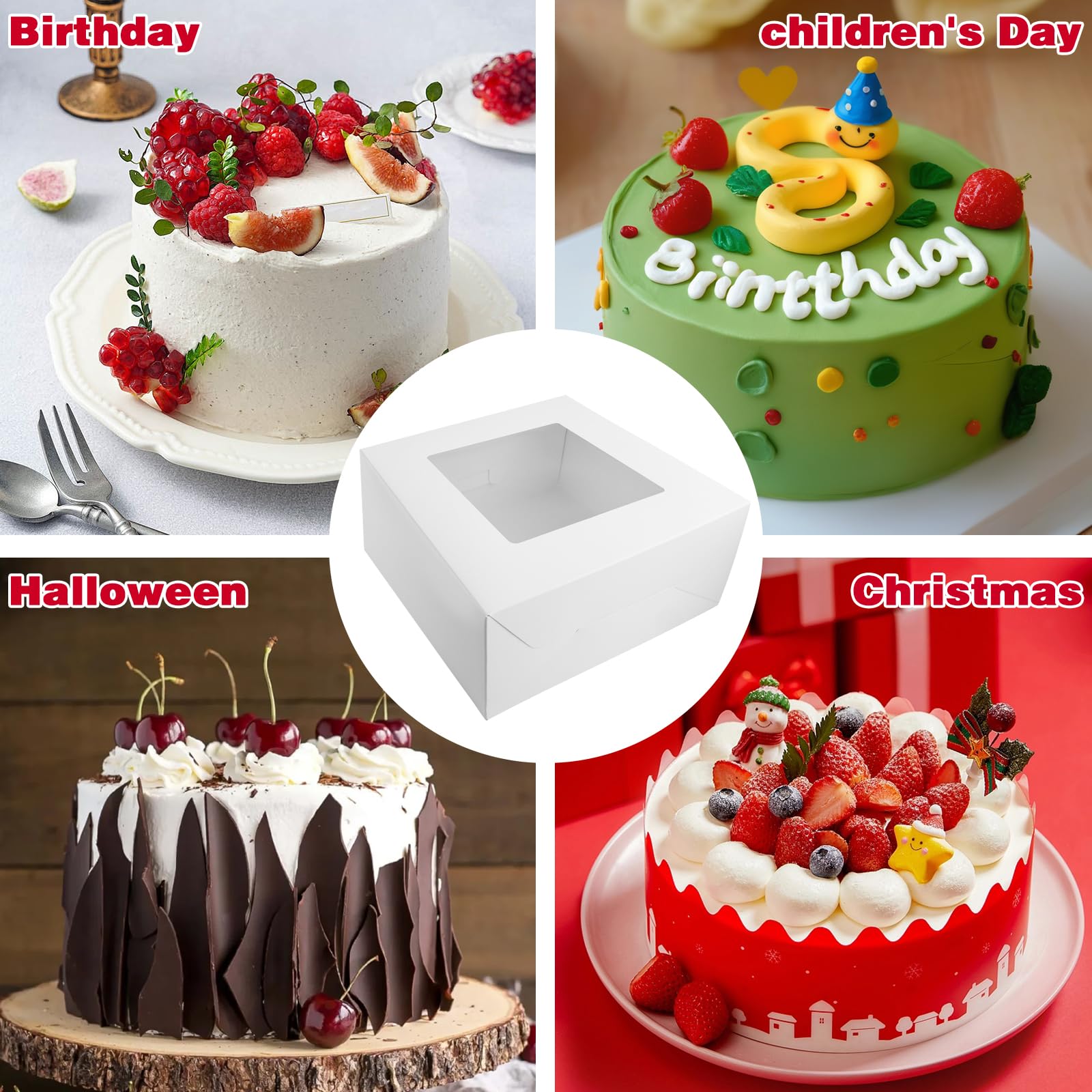 10pcs 10x10x5 Inches White Cake Boxes with Clear Window - Large Square Cardboard Pastry Boxes for Multi-Layer Cakes, Bread & Baking Supplies - Perfect for Gift Giving, Wedding Cakes & Party Dessert Display