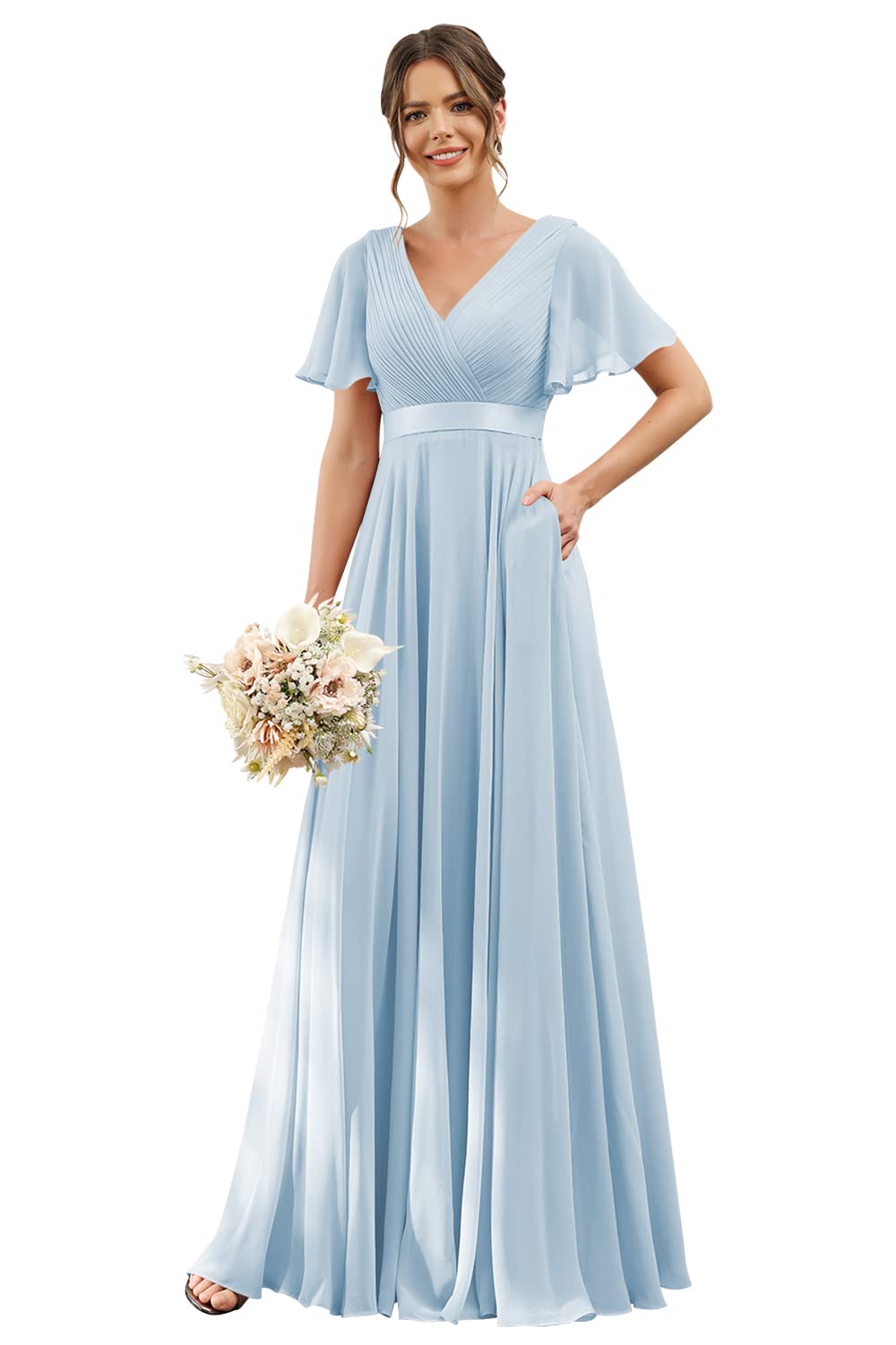 Elegant V-Neck Bridesmaid Dresses for Women - Flutter Sleeves, Ruched Chiffon Long Formal Gown with Pockets (Style CM113) | Perfect for Weddings, Parties & Special Occasions