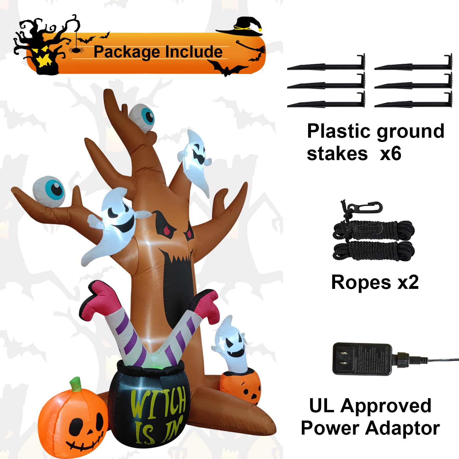 8 Ft Halloween Inflatable Outdoor Decor - Spooky Blow-Up Tree with Ghosts, Eyeballs, Pumpkins, Cauldron & Witch Legs - LED Lighted Lawn Decoration for Halloween Party, Yard & Garden Decor
