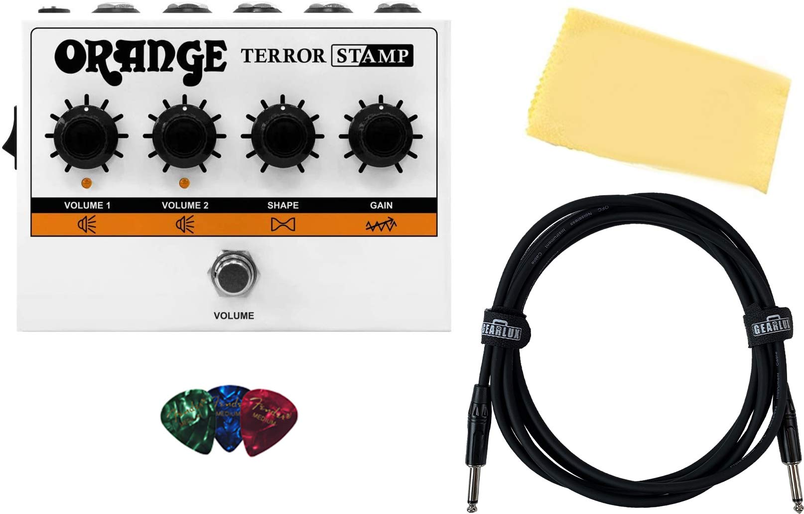 Orange Terror Stamp Guitar Amplifier Pedal Bundle with Instrument Cable, Fender Picks & Polishing Cloth - Compact Tube Amp for Electric Guitar, Bass & Home Studio Recording - Perfect for Live Gigs, Practice & Professional Music Production