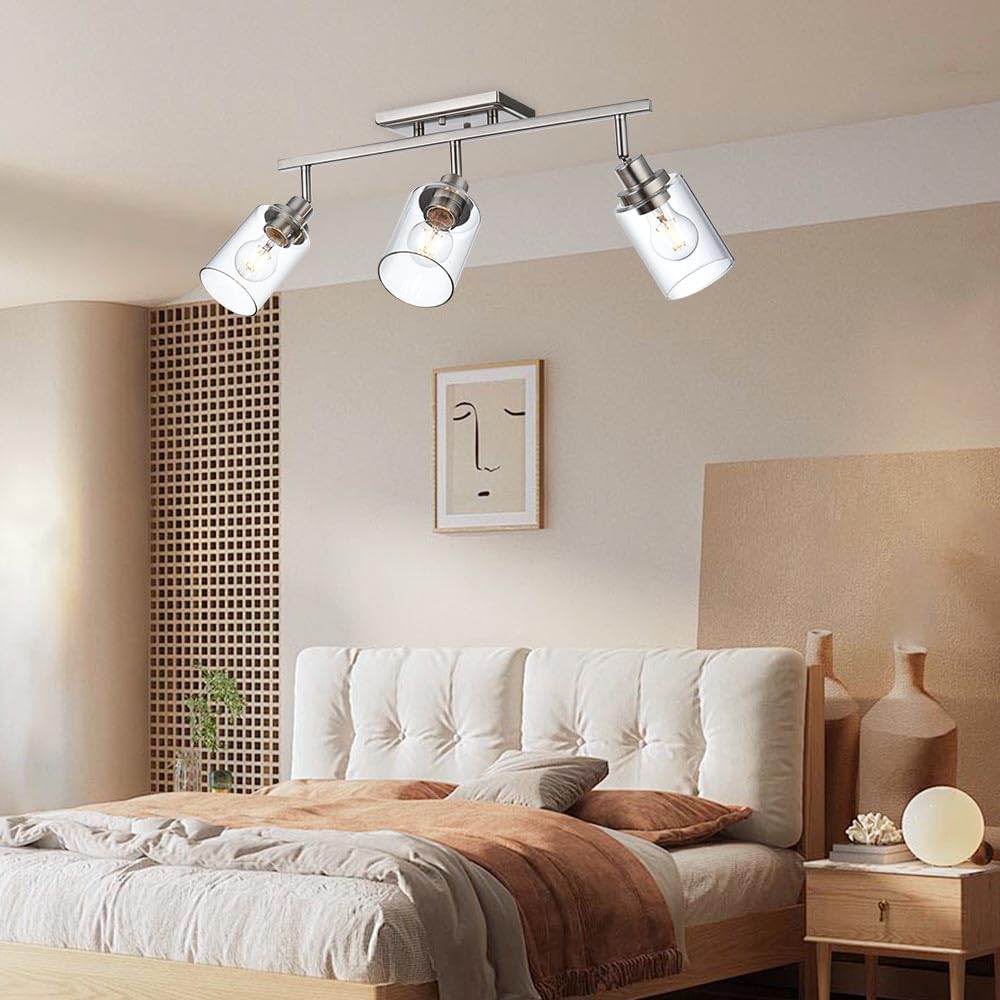 Modern Track Lighting Kit - Brushed Nickel Bathroom Vanity Light with Clear Glass Shade - 3 Adjustable Ceiling Spotlights for Kitchen, Living Room & Bedroom - Industrial Style Lighting Fixture for Home Decor