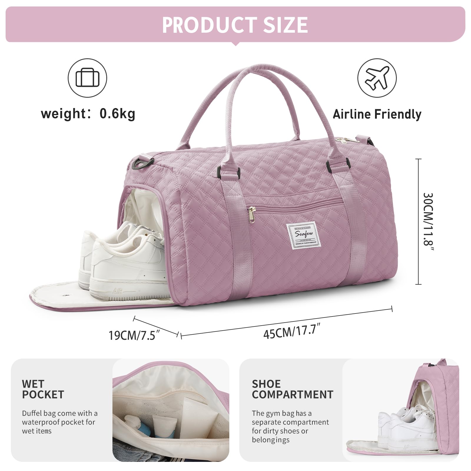Women's Gym Bag with Shoe Compartment - Sports Duffel, Overnight Carry-On & Weekender Travel Tote with Toiletry Bag (Purple) - Perfect for Workouts, Airplane Travel & Weekend Getaways