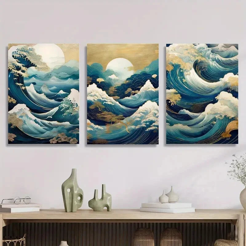 3-Piece Ukiyo-e Style Moon Viewing Metal Wall Art Prints - Ready to Hang Japanese Home Decor for Living Room, Bedroom & Office