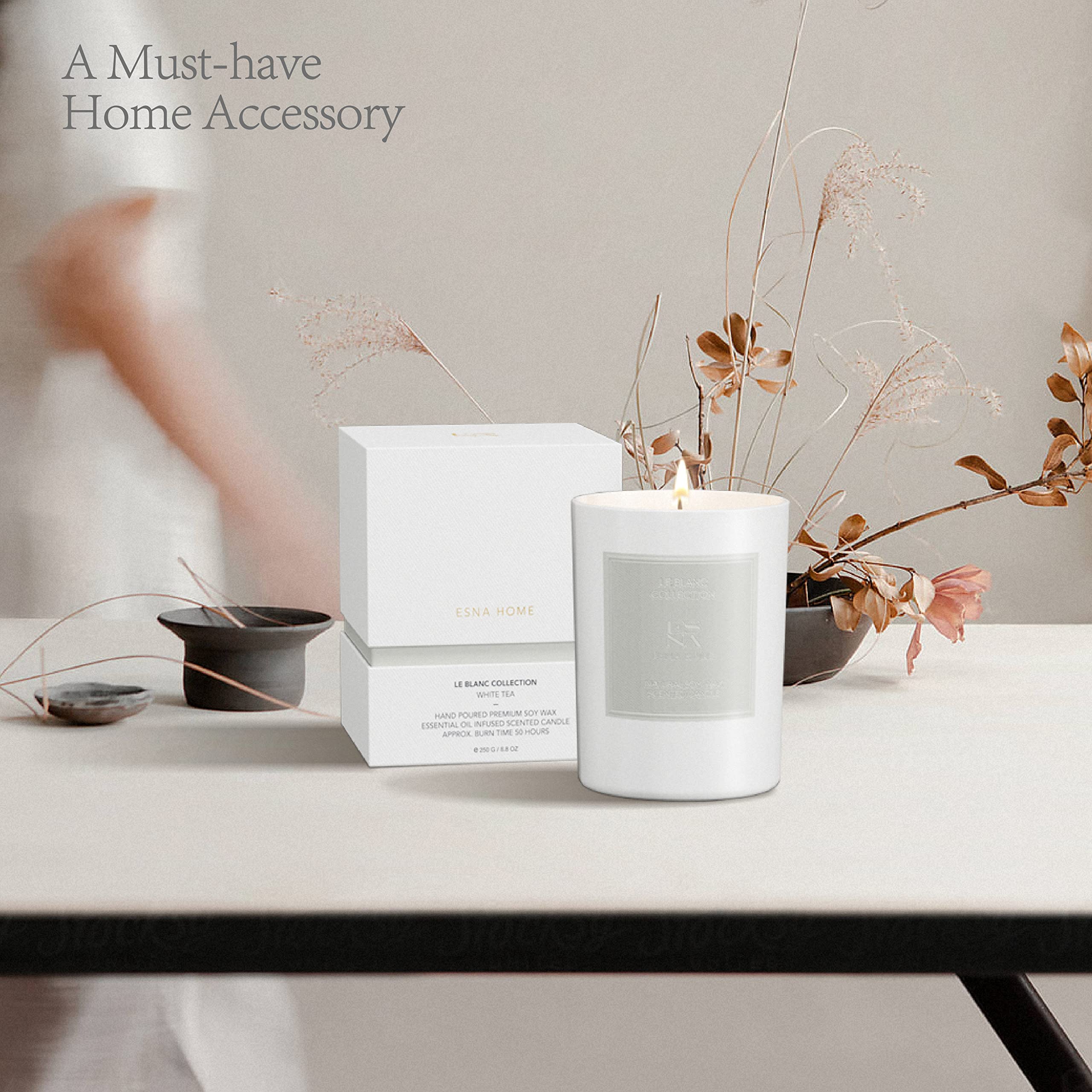 Premium White Tea Scented Soy Candle - 8.8oz All Natural Essential Oil Aromatherapy Candle | 50 Hours Burn Time | Relaxing Home Spa Gift for Women | Perfect for Meditation, Yoga & Stress Relief | Includes Elegant Gift Box