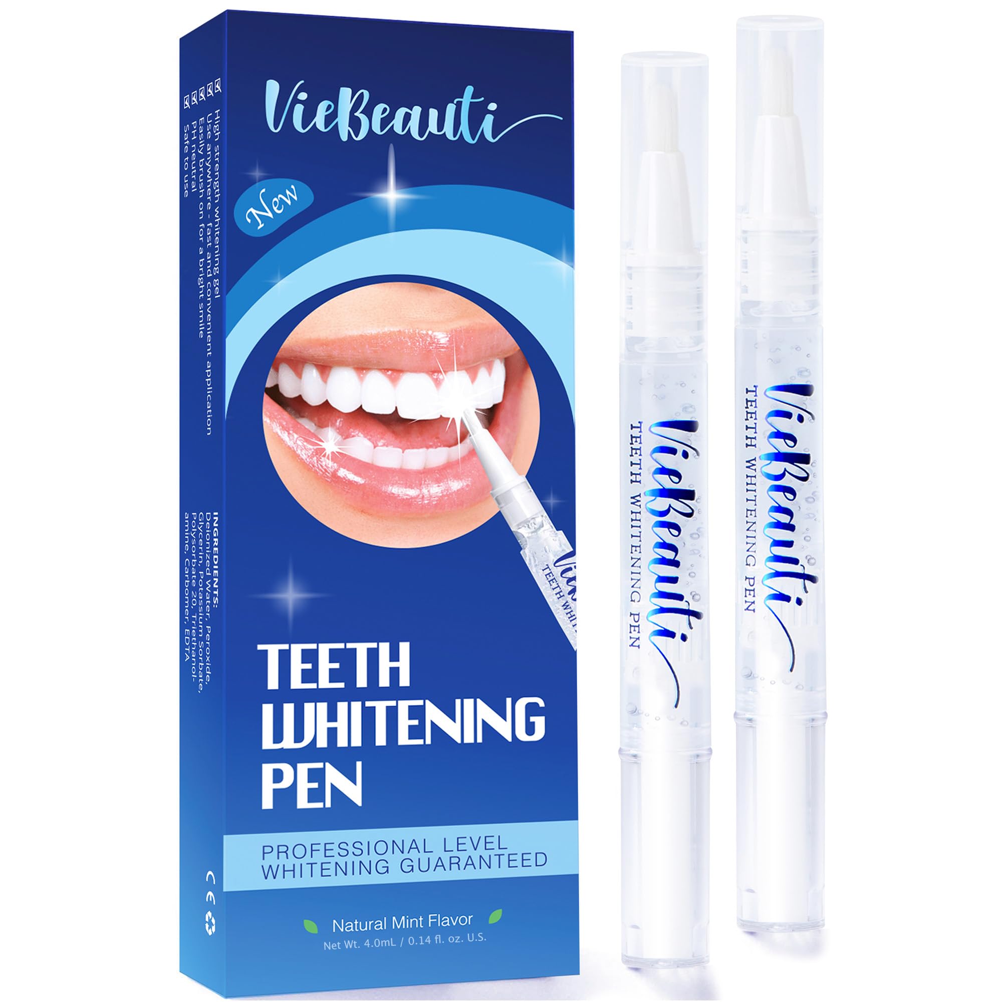 VieBeauti Teeth Whitening Pen (2 Pack) - Mint Flavor for Brighter Whiter Teeth | Portable Teeth Whitener for Travel, Home & On-The-Go Use
