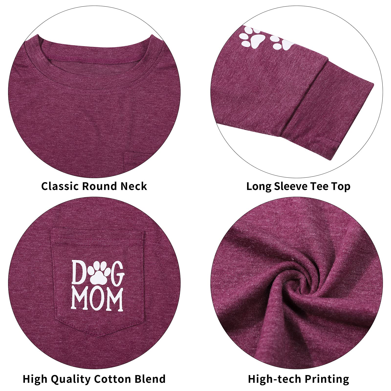 Dog Mom Pullover - Cute Dog Lover Graphic Tee with Paw Print Design & Patch Pocket | Women's Casual Long Sleeve Shirt for Dog Owners | Perfect for Pet Lovers, Dog Walks & Cozy Outfits