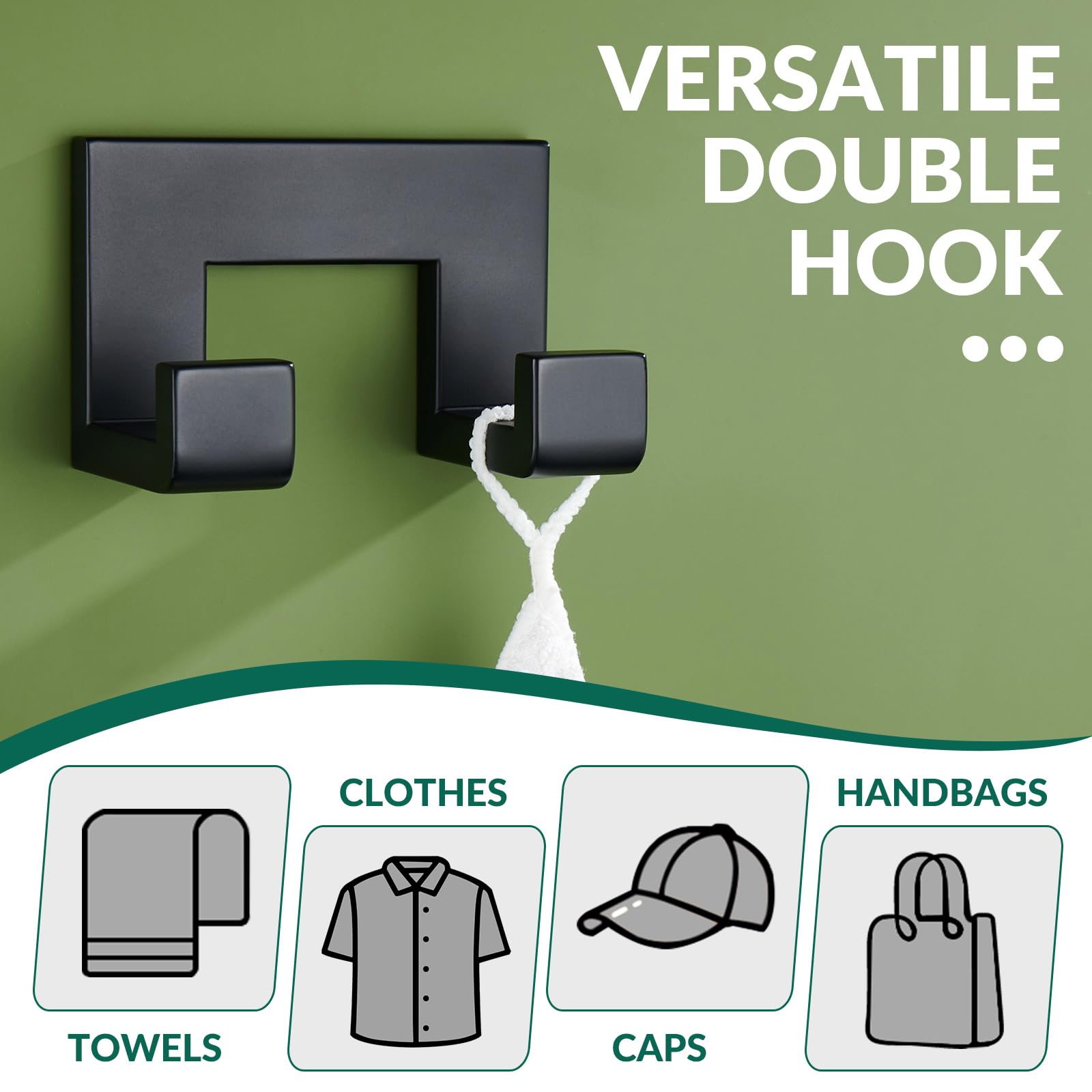 APLusee Matte Black Dual Coat Hook - Stainless Steel for Bathroom & Kitchen Storage