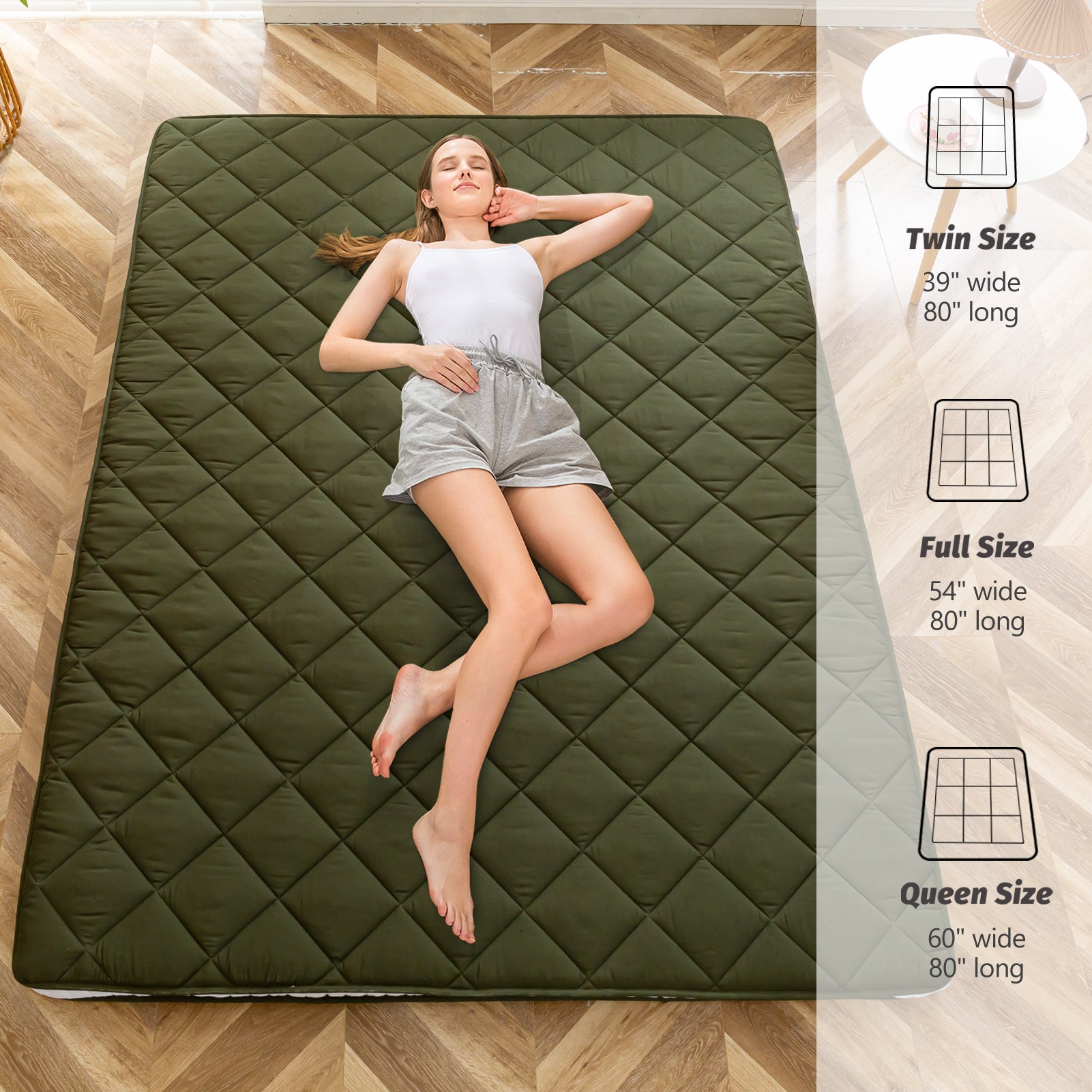 MAXYOYO Diamond Patterned Padded Japanese Floor Mattress - Extra Thick Quilted Mattress Topper in Green | Perfect for Guest Beds, Meditation & Small Spaces