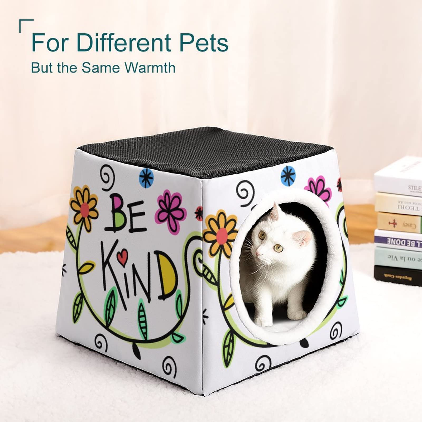 Printed Cat Houses & Condos - Foldable Cat Cube Bed with Removable Pillow (Flowers/Letters Design) - Cozy Pet Sofa for Indoor Cats - Perfect for Napping, Playing & Relaxing
