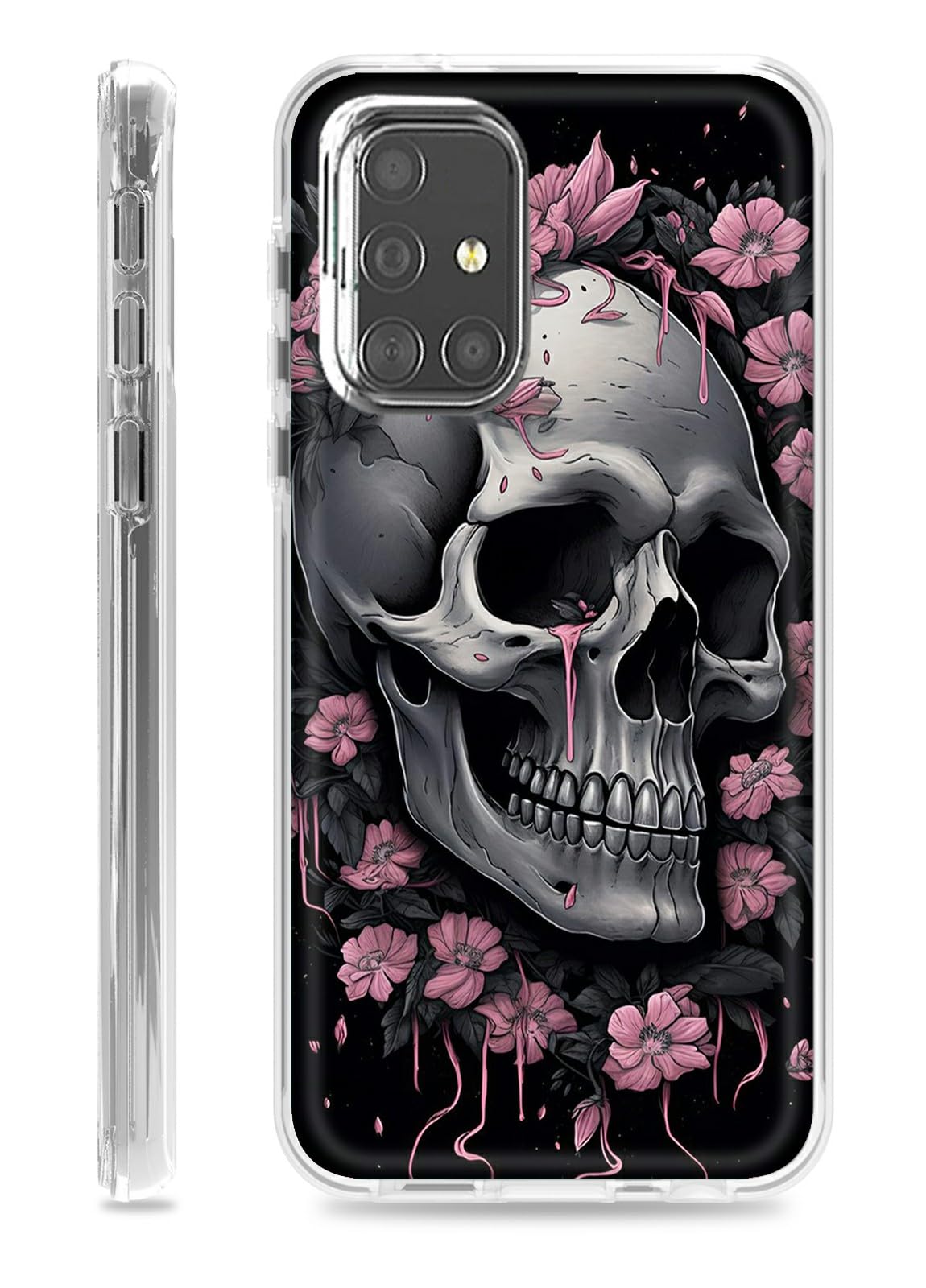 Shockproof Hybrid Case for Samsung Galaxy A51 4G/5G (6.5 Inch) - Clear Hard PC Cover with Soft Silicone Protection, Skull Flowers Design | Perfect for Outdoor Activities, Work & Daily Use