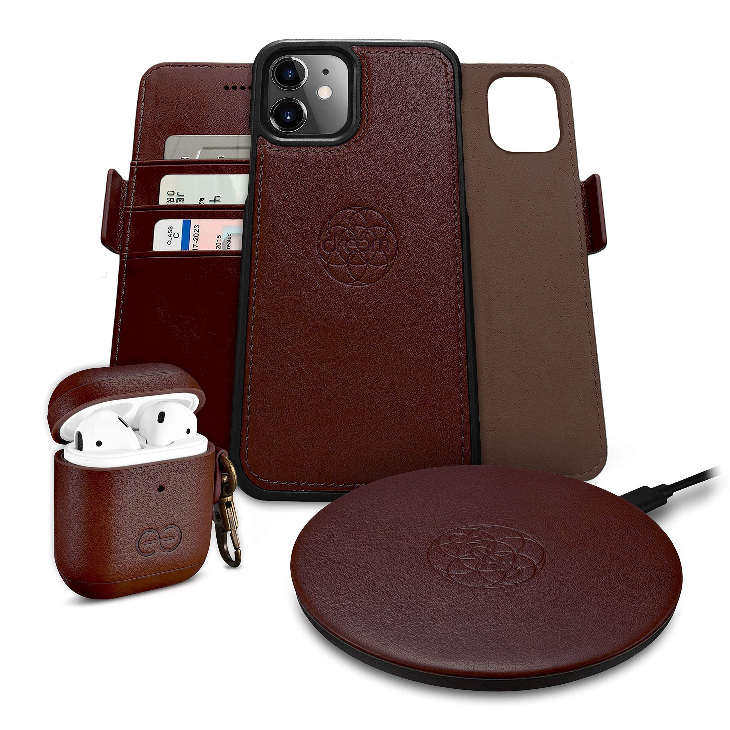 Fibonacci Wallet Case for iPhone 12 Mini with Om AirPods 1/2 Case Cover & Beam Wireless Charger - Coffee Brown | Slim RFID Blocking Phone Wallet | Perfect for Travel, Work & Everyday Use